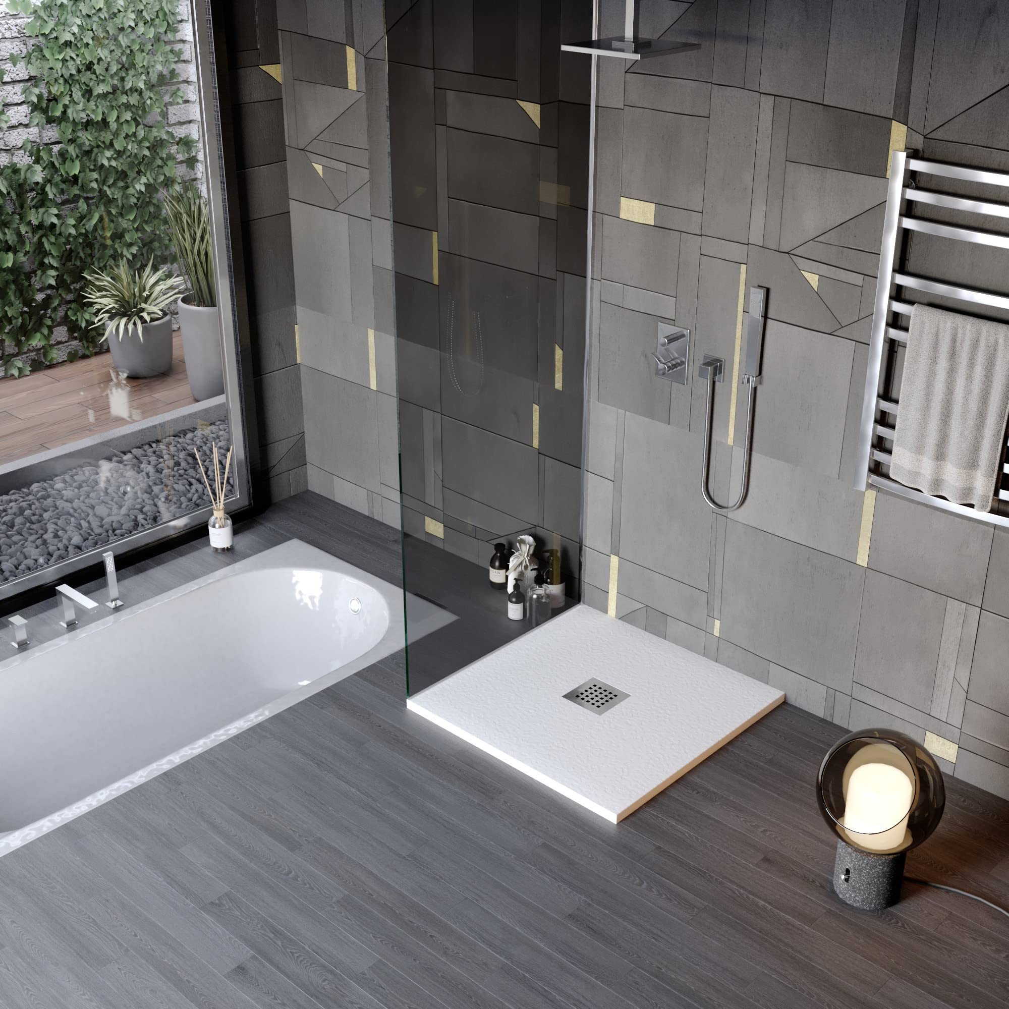 Receveur de douche en résine minérale effet pierre avec trou central - 90 x 120