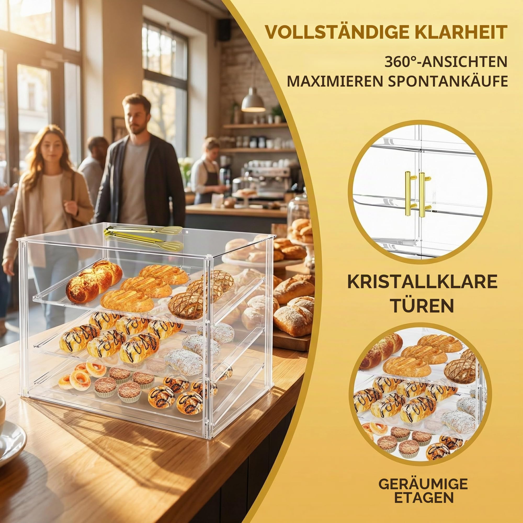 Bäckerei-Vitrine mit 3 Ablagen und magnetischen Hintertüren, 52,8 x 40,1 x 42,9 cm, Acryl-Gebäckvitrine mit abnehmbaren Tabletts und Stahlzange, Lebensmittelvitrine für Donut-Brotkuchen
