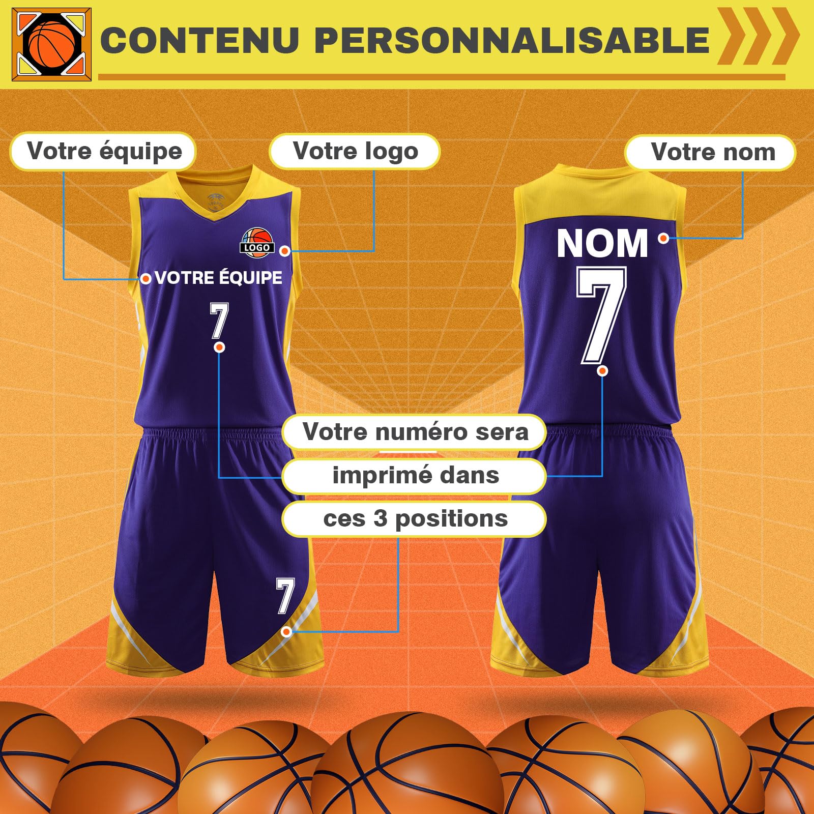 Maillot de Basket Personnalisé Enfant Homme Femme et Nom Numéro Logo