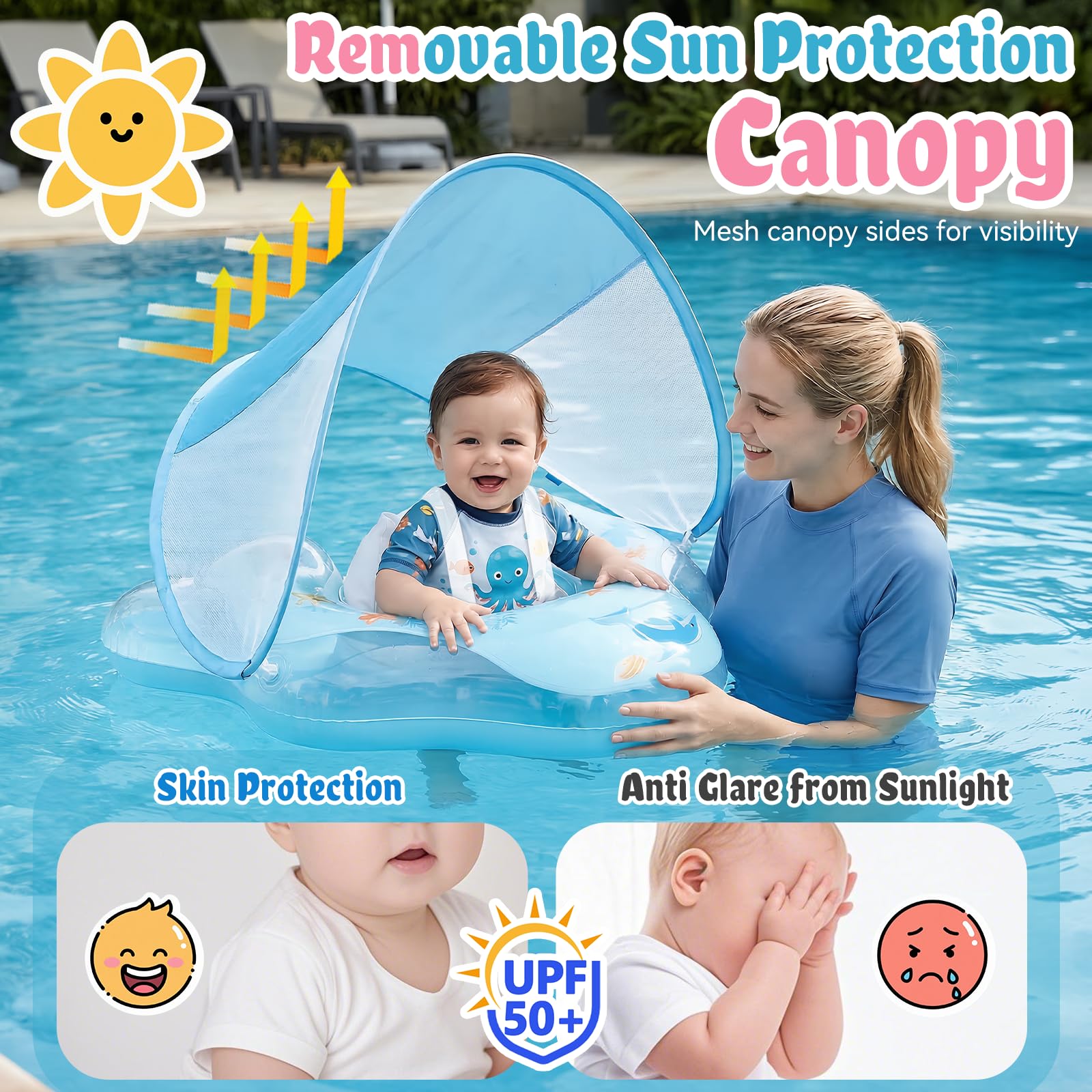 Ninonly Flotador Bebe con Sombrilla UV UPF 50+ Flotador Inflable para Bebe de Protección Solar Antivuelco Piscina Bebé con Asiento y Respaldo para Niños de 12 a 36 Meses