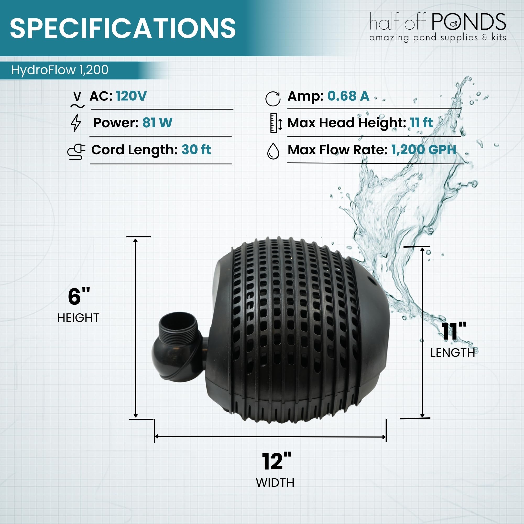 HALF OFF PONDS HydroFlow - Pompa sommergibile a cascata da 1.200 GPH - Pompa magnetica per laghetto con cavo da 9,2 m - Efficienza energetica, sicura per i pesci, per laghetti all'aperto, skimmer e
