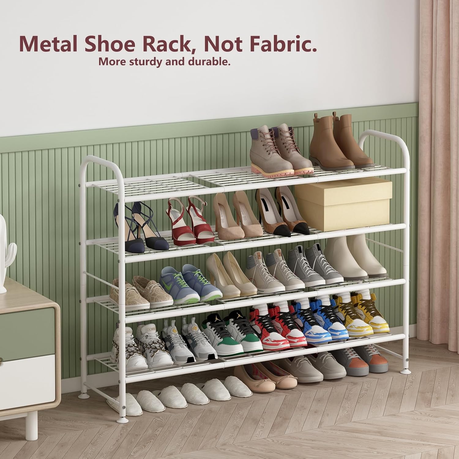 LINZINAR Shoe Rack Long 4 Tier Shoe Storage Organizer Metal Wide Shoe Shelf for Closet Entryway Bedroom 30 Paris Large Capacity, White