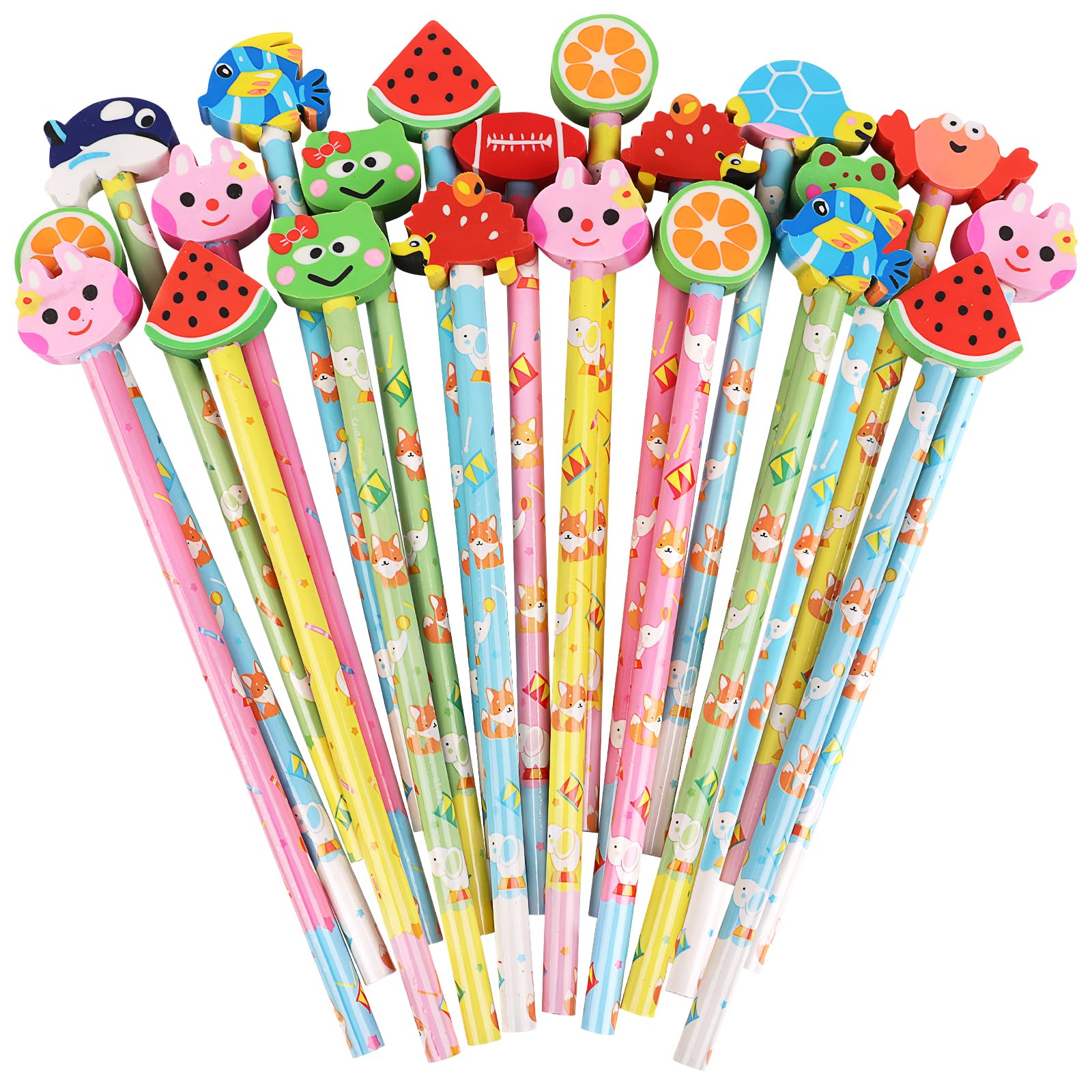 VEYLIN 50Pcs Pencil with Eraser Toppers Kids Wooden Lead Pencils Set for Party Bag Fillers Animal Pencils with Cute Rubbers for School Class Gifts