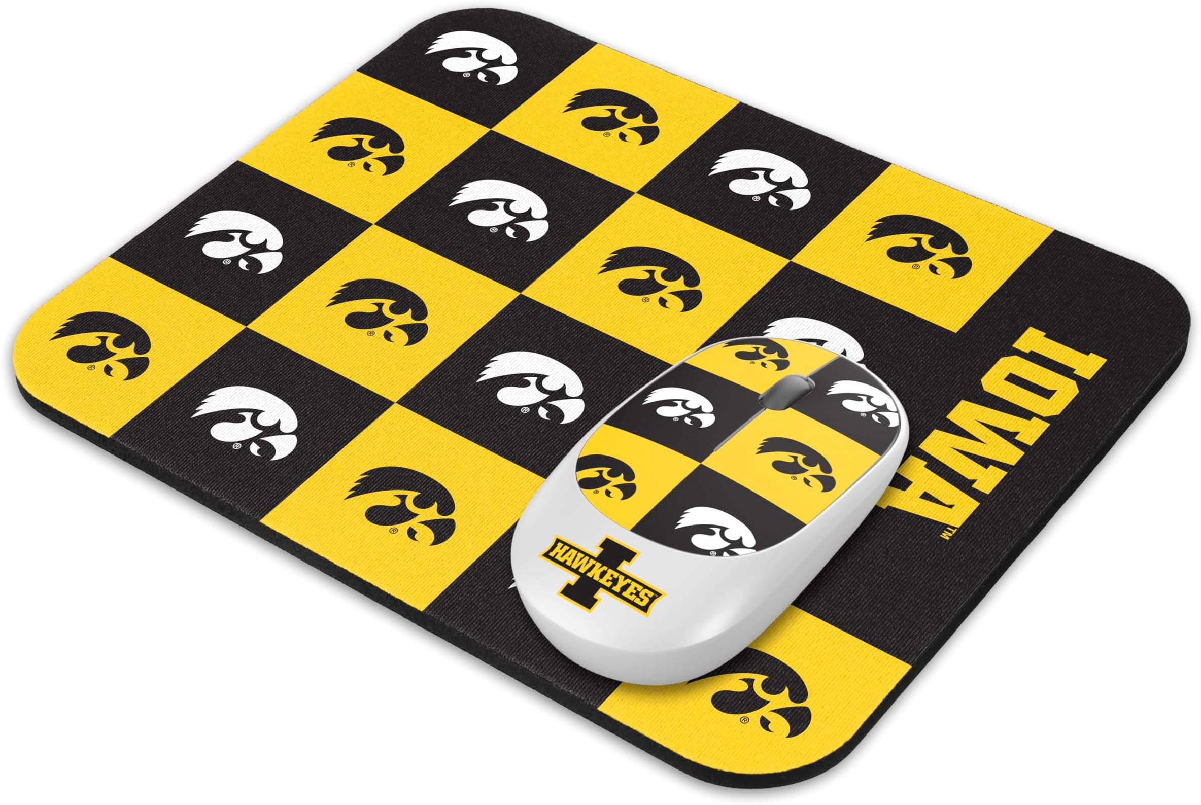 Collegiate Wireless Mouse and Mouse Pad- Checkered, Iowa Hawkeyes