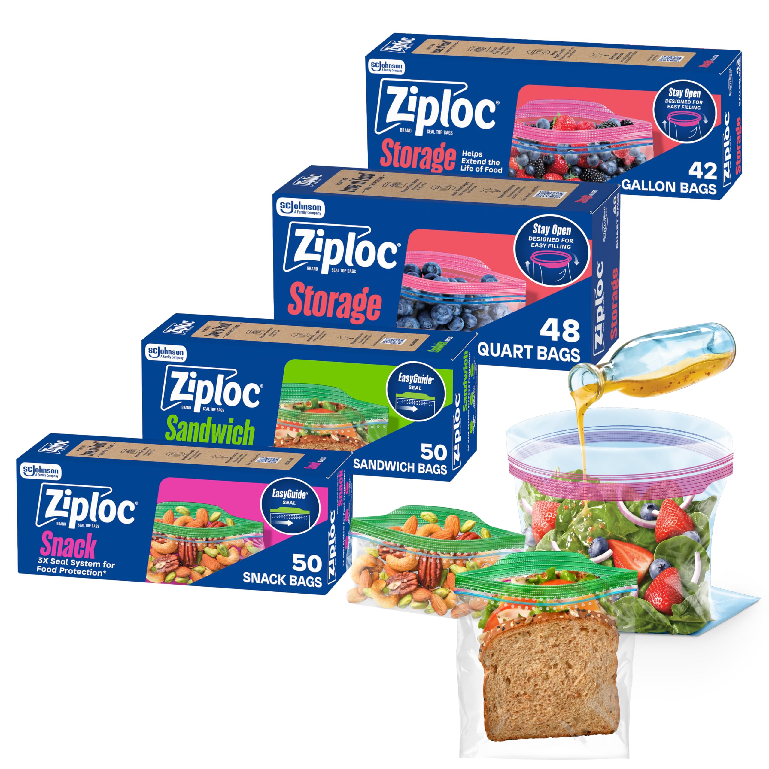 Ziploc Storage Bags Variety Pack 190ct Total 42ct Storage Gallon and 48ct Storage Quart 50ct Sandwich and 50ct