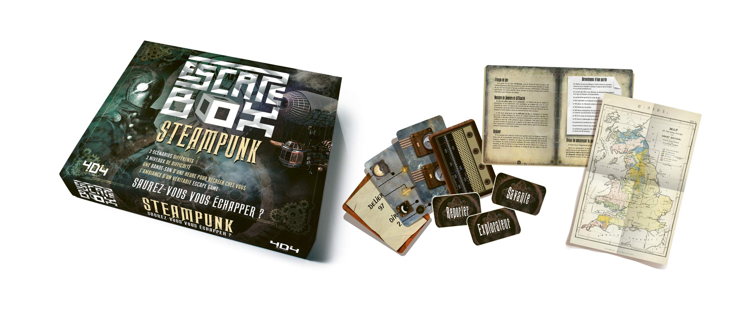 Escape Box Steampunk - Escape game adulte de 3 à 6 joueurs - Dès 14 ans et adulte: Avec 3 livrets, 131 cartes, 1 bande-son de 60 minutes, 1 poster, 6 badges