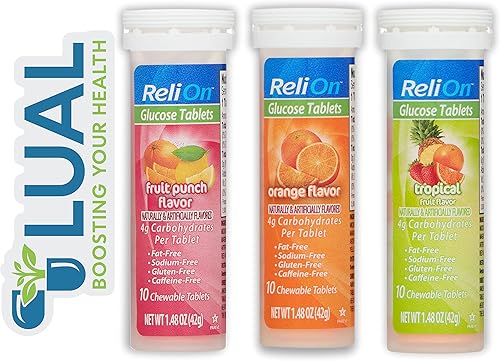 Tabletas de glucosa para diabéticos. Incluye tabletas de glucosa Relion, 10 unidades (paquete de 3) más un imán de refrigerador LUAL (mezcla de