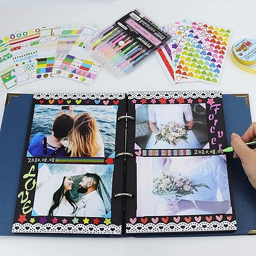 Miniatura 4 de Vienrose Kit de álbum de fotos de bricolaje con bolígrafos, cintas y calcomanías, 60 páginas, tapa dura de 8.5 x 11 pulgadas, 3 anillos, papel negro