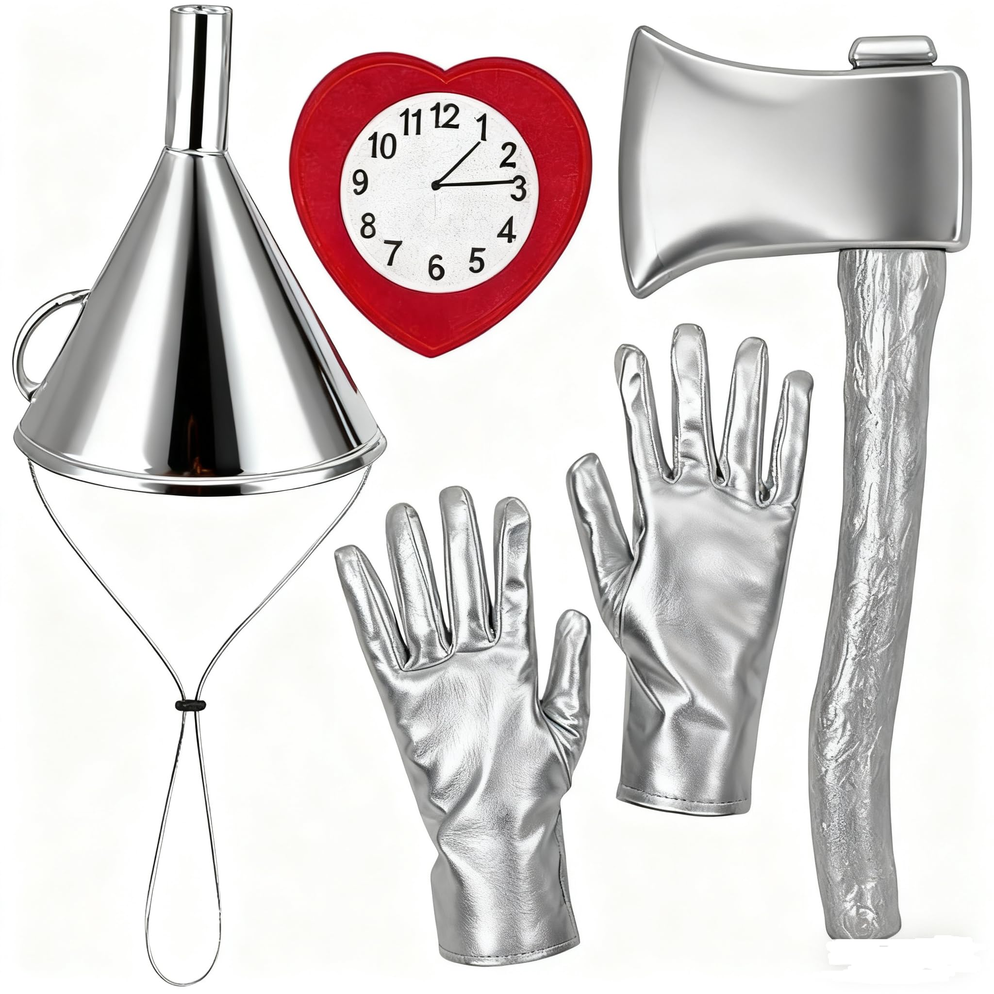 Abnaok Tin Costume Accessories, Silver Axe Funnel Hat Set with Silvery Gloves Heart Brooch for Adult Men for Cosplay Party