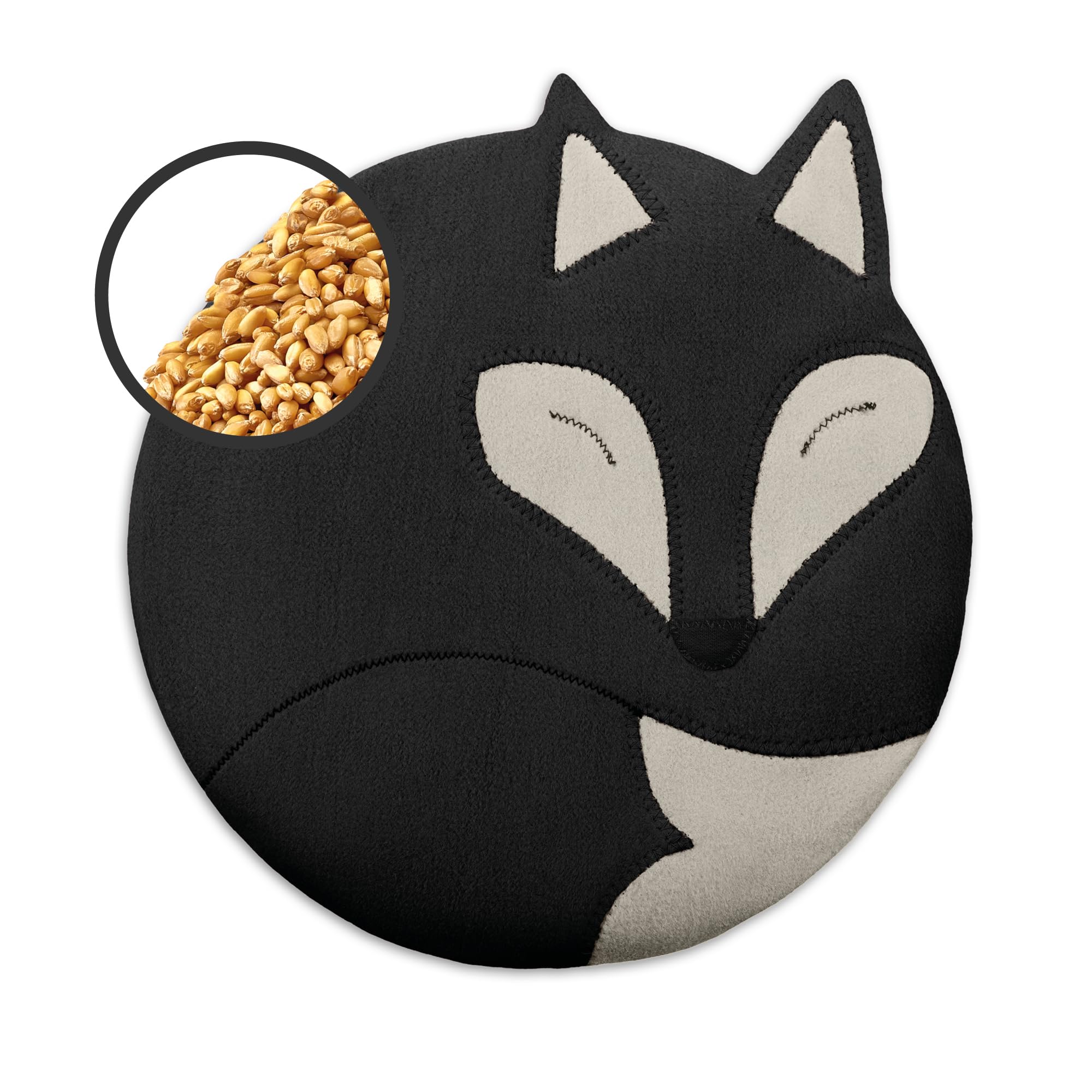 LESCHI Coussin chauffant micro-ondes en coton 100% bio, 4 compartiments, Renard noir, Bouillotte graines de blé 100% bio, Bouillotte micro-ondes idéale pour soulager les douleurs menstruelles