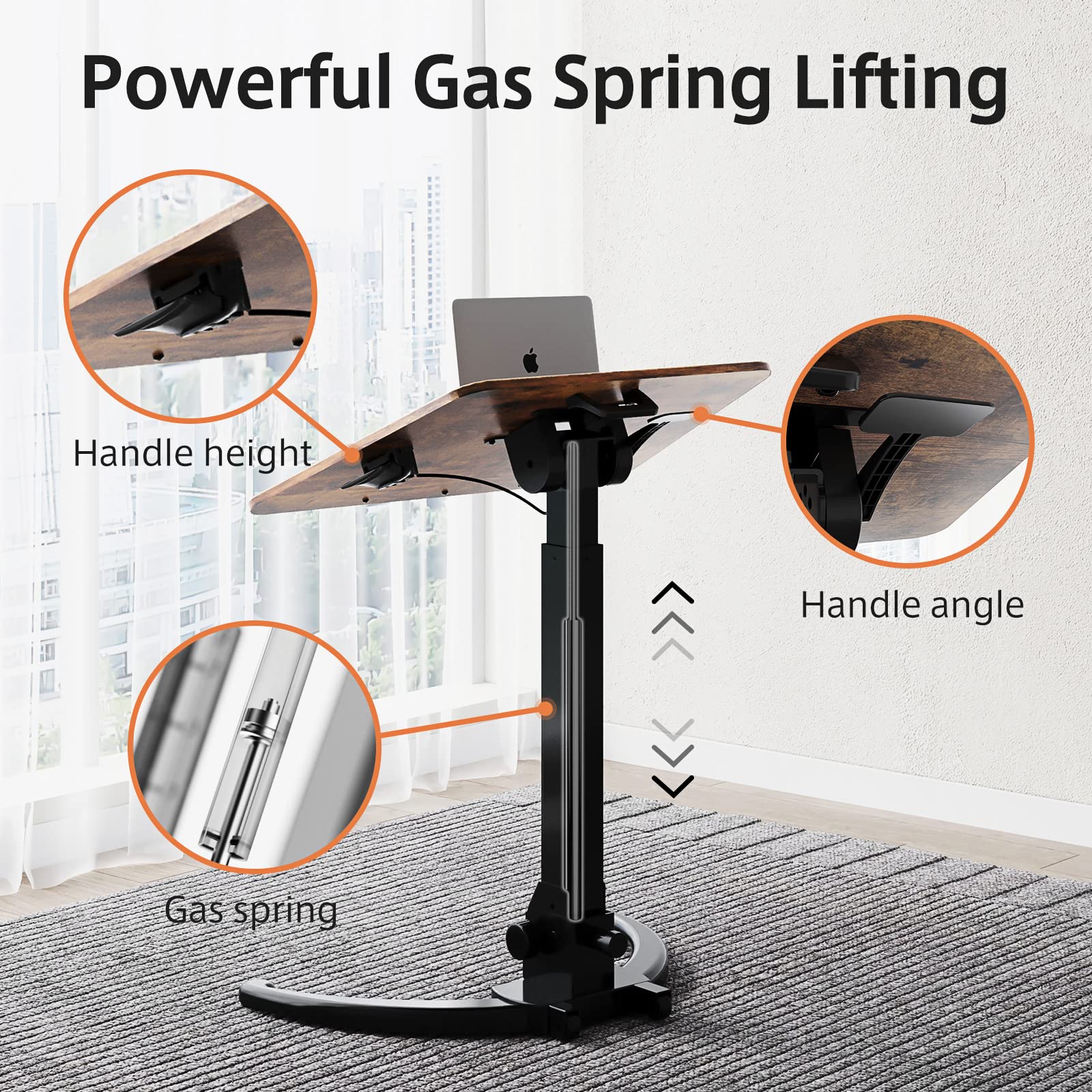 JOY worker Foldable Mobile Standing Desk, Pneumatic Height Adjustable Sit Stand Desk, 90° Tiltable Rolling Laptop Desk, Portable Desk with Wheels Non-Slip Mat for Home Office, Holds Up to 22lbs