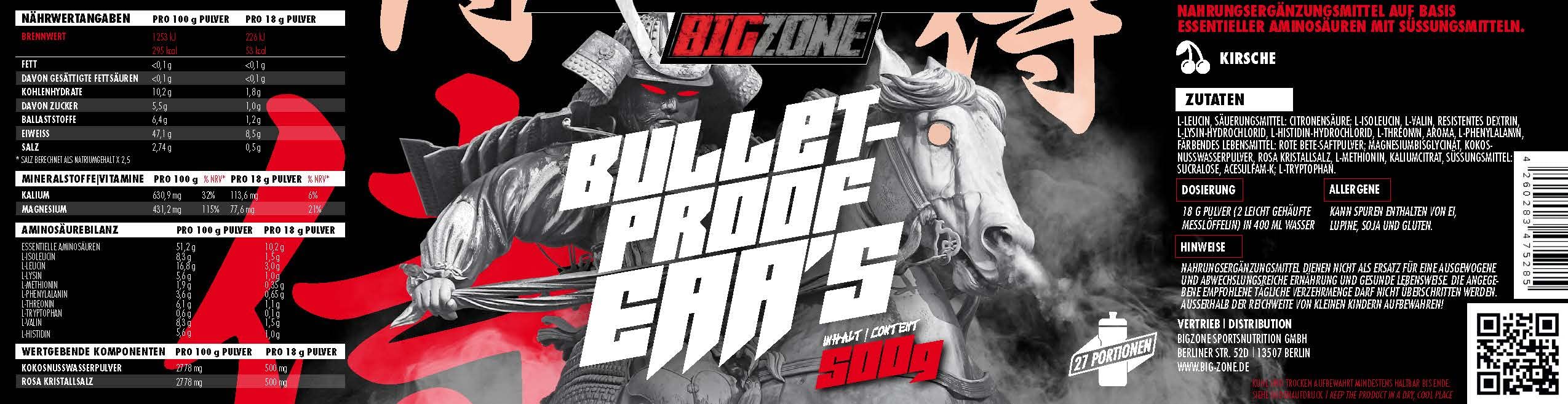 Big-Zone Bulletproof EAA's EAA Essentielle Aminosäuren | Für Muskel und Gewebe - Bodybuilding - Extrem Lecker | 500g Pulver (Kirsche)