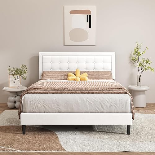 Miniatura 13 de alazyhome Base de cama tapizada moderna de tamaño Queen con cabecero tapizado con botones, listones de madera maciza, no necesita somier, fácil
