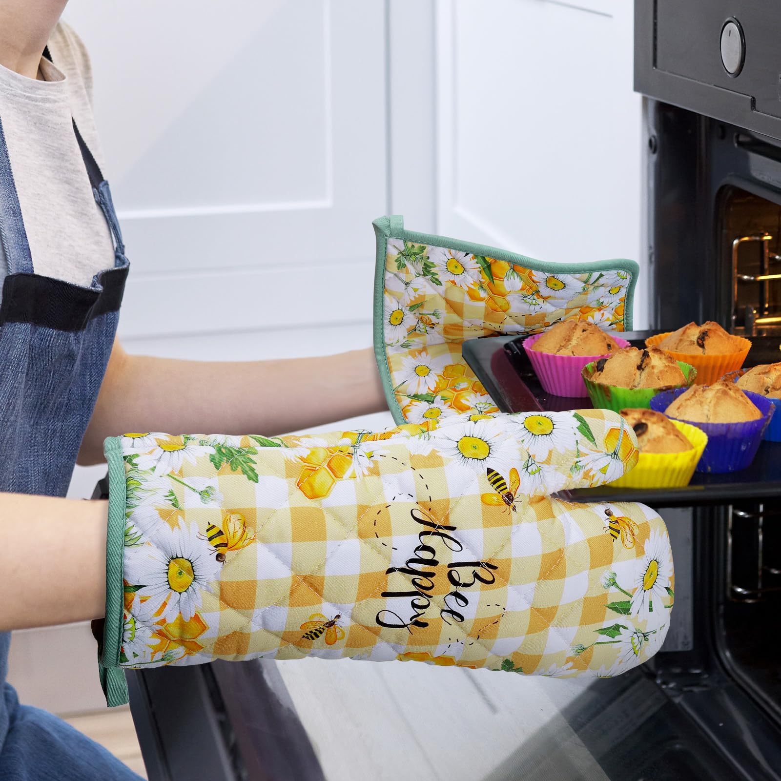 Guanti Da Forno Presina Set Di 4, 100% Cotone Addensare Guanti Da Forno A Microonde, Presine Da Cucina Morbida Antiscivolo Resistenti Al Calore Per Cucinare Forno Regalo(ape margherita)