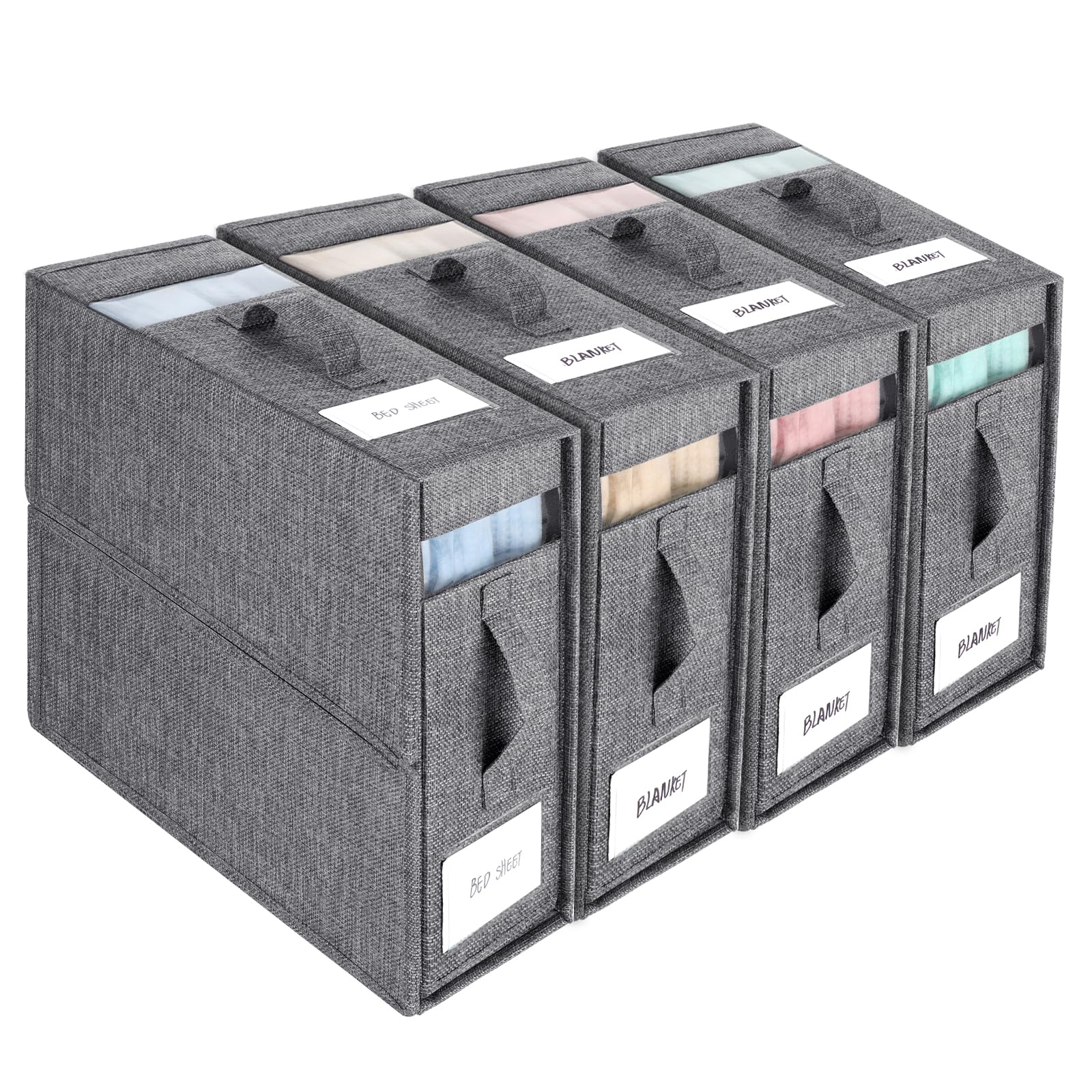 Dntorx 4 Pack Bed Sheet Organizers and Storage, Foldable Bedding Storage Box Linen Storage Box With Handle and Window for Sheet， Duvet Covers，Blankets and Towels