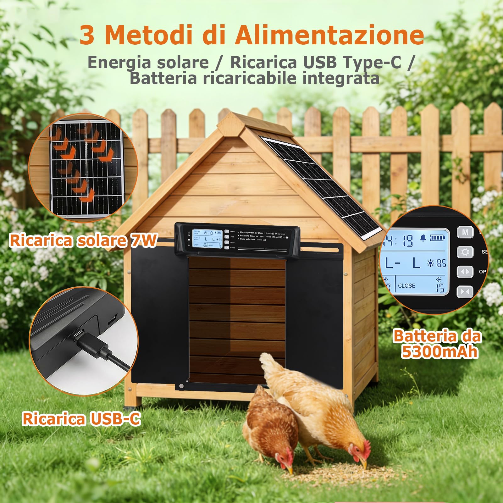 Porta Automatica Pollaio Solare, Aluminum Grande Porta Pollaio con Telecomando, Sensore di luce e Timer, Anti-Schiacciamento