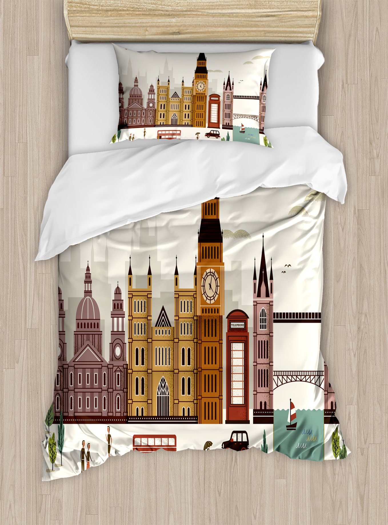 Ambesonne London Duvet Cover Set, Travel Scenery Famous City England Big Ben Telephone Booth Westminster, Decorative 2 Piece Bedding Set with 1 Pillow Sham, Twin Size, Cream