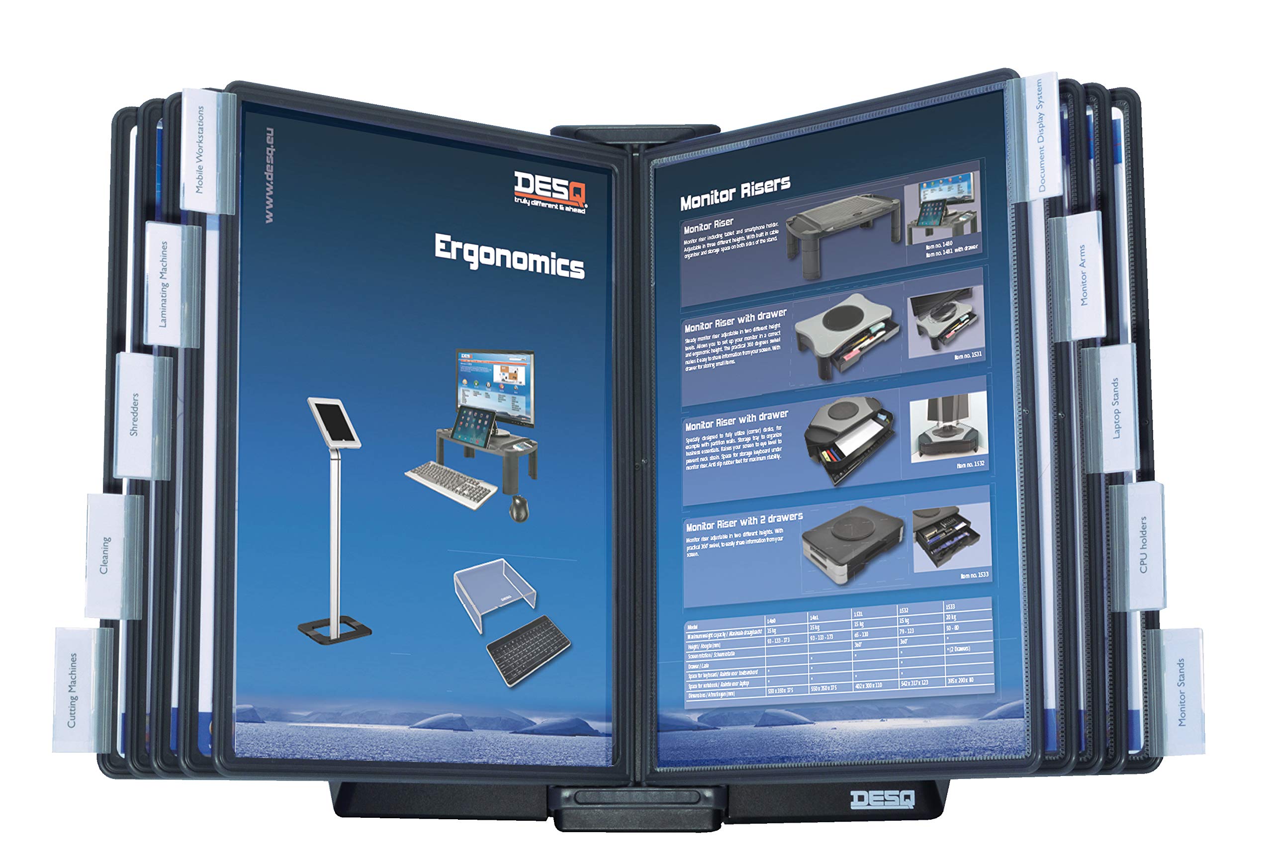 DESQ® Set di 10 pannelli di visualizzazione da tavolo, con base in metallo, formato A4, espandibile dopo 20 o 30, opaco antiriflesso