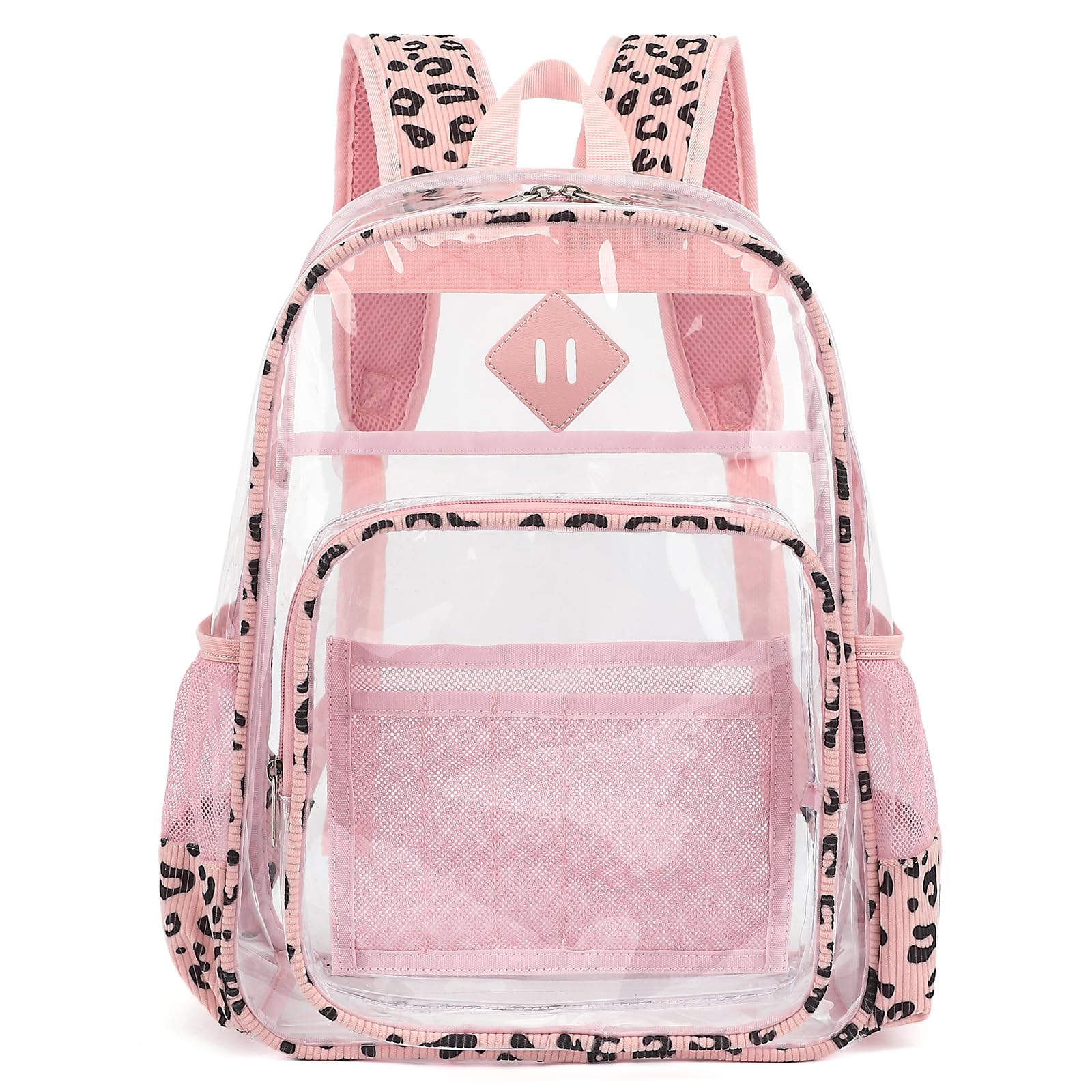 Xunteny Clear Backpack for Girls Women School Bookbag Heavy Duty Transparent Backpacks (Pink Corduroy Leopard)
