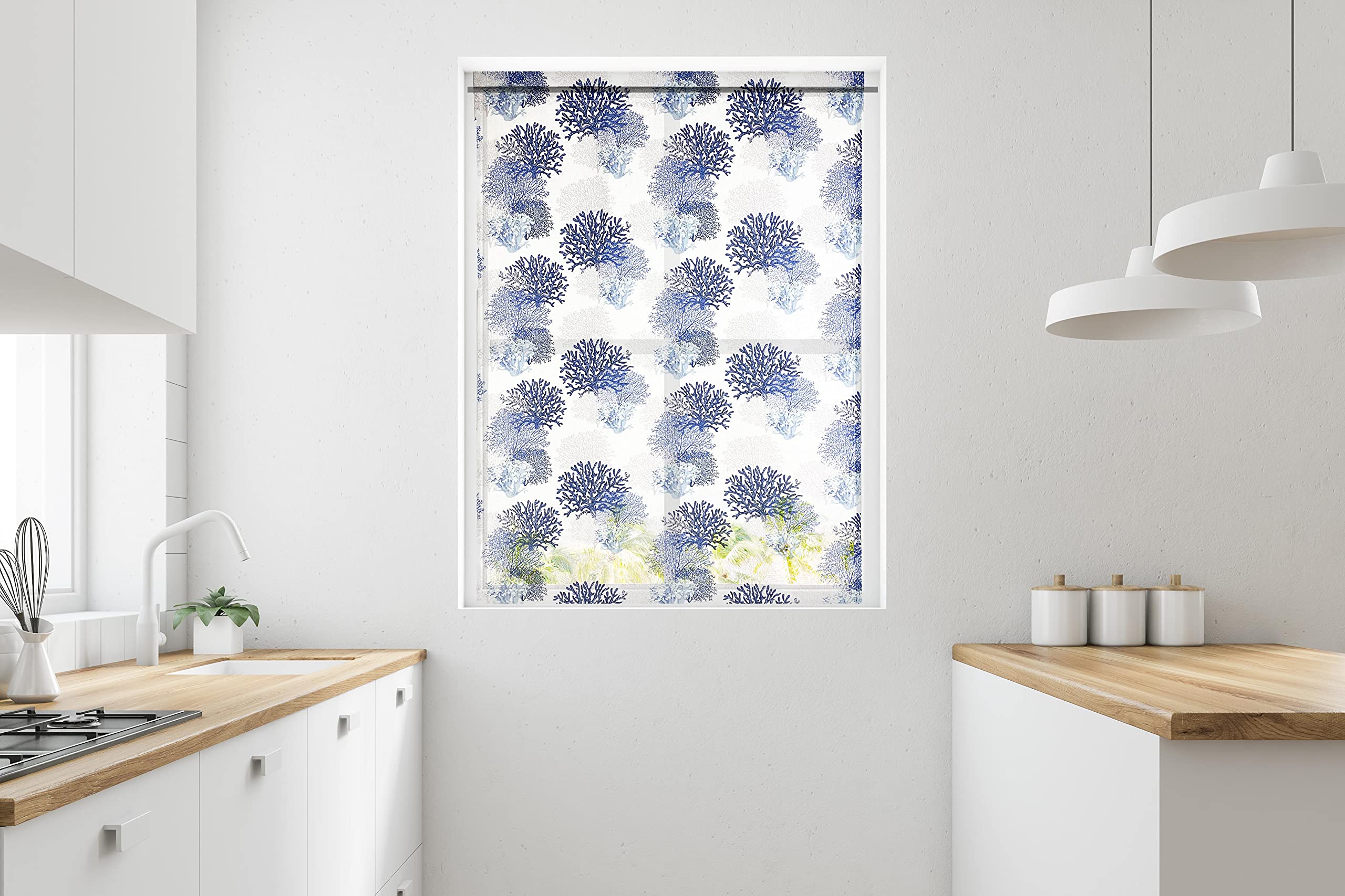 Tex family Tendina Vetro Moderna Larga 45 o 60 o 80 Coralli Blu Misto Lino Made in Italy - 1 Telo cm. 45x240