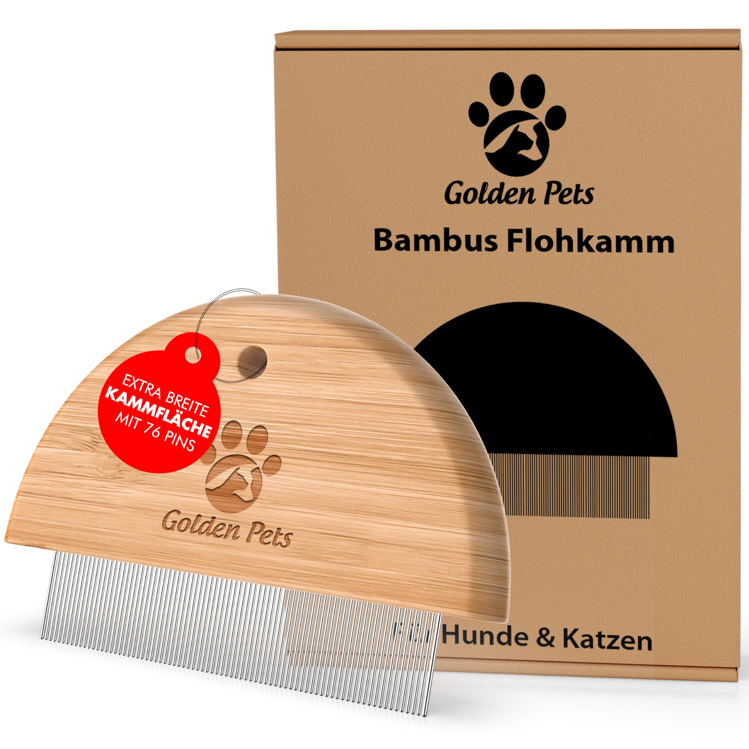 Golden Pets Bambus Flohkamm I Entfernt Flöhe bei Hunde & Katzen I Läusekamm, Staubkamm, Haustierkamm, Zeckenbürste, Nissenkamm + E-Book Pflegehandbuch