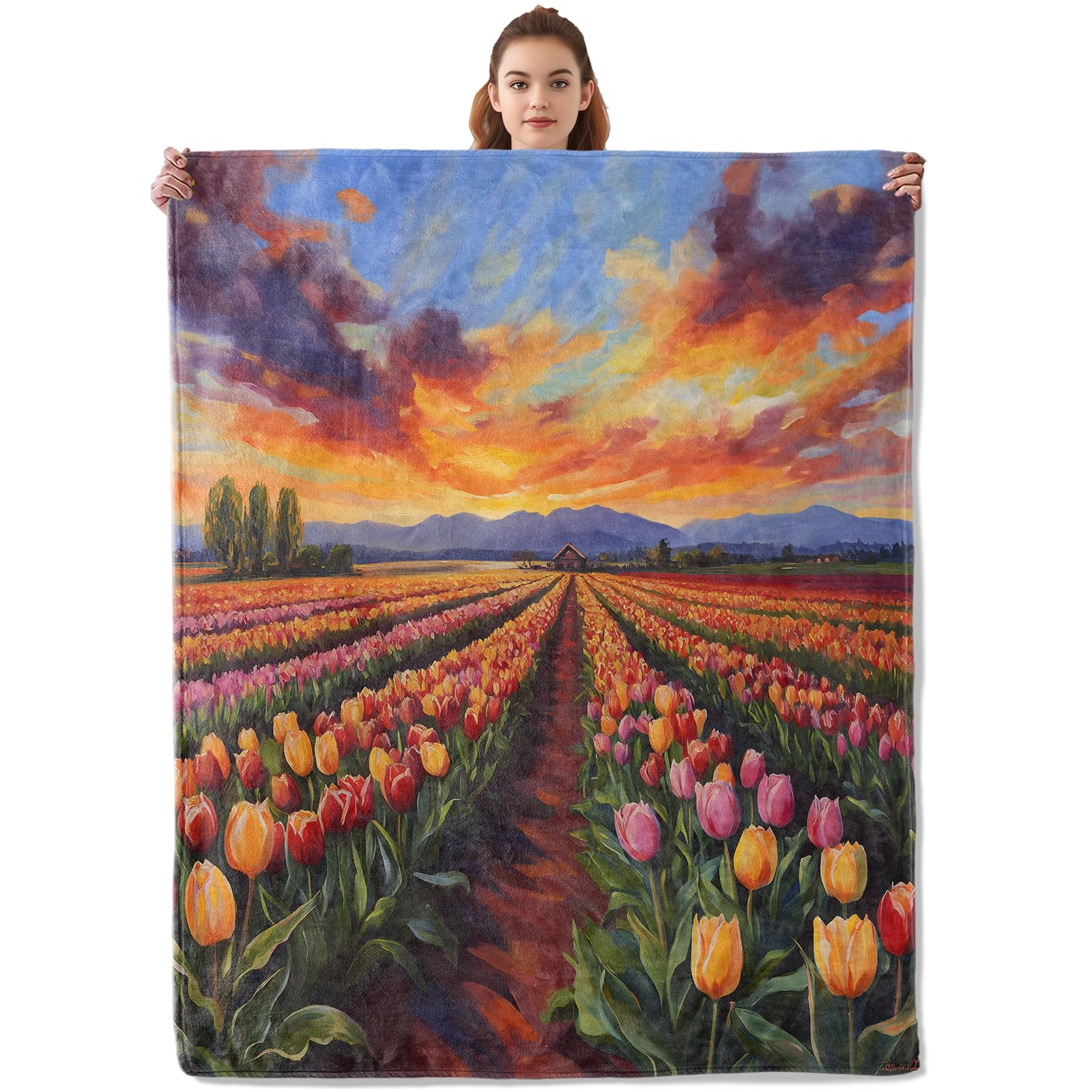 Kibue Beautiful Tulip Fields Blanket, Soft & Warm Flannel Throw - Cozy Plush Lightweight Blankets for Travel, Decor, Bedroom, Office for Adults Kids -
