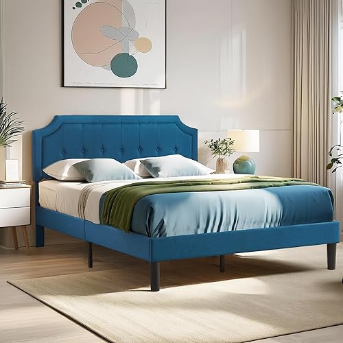 Miniatura 48 de VECELO Base de cama de plataforma de tamaño matrimonial con cabecera tapizada de tela y soporte de listones de madera, no necesita somier, fácil