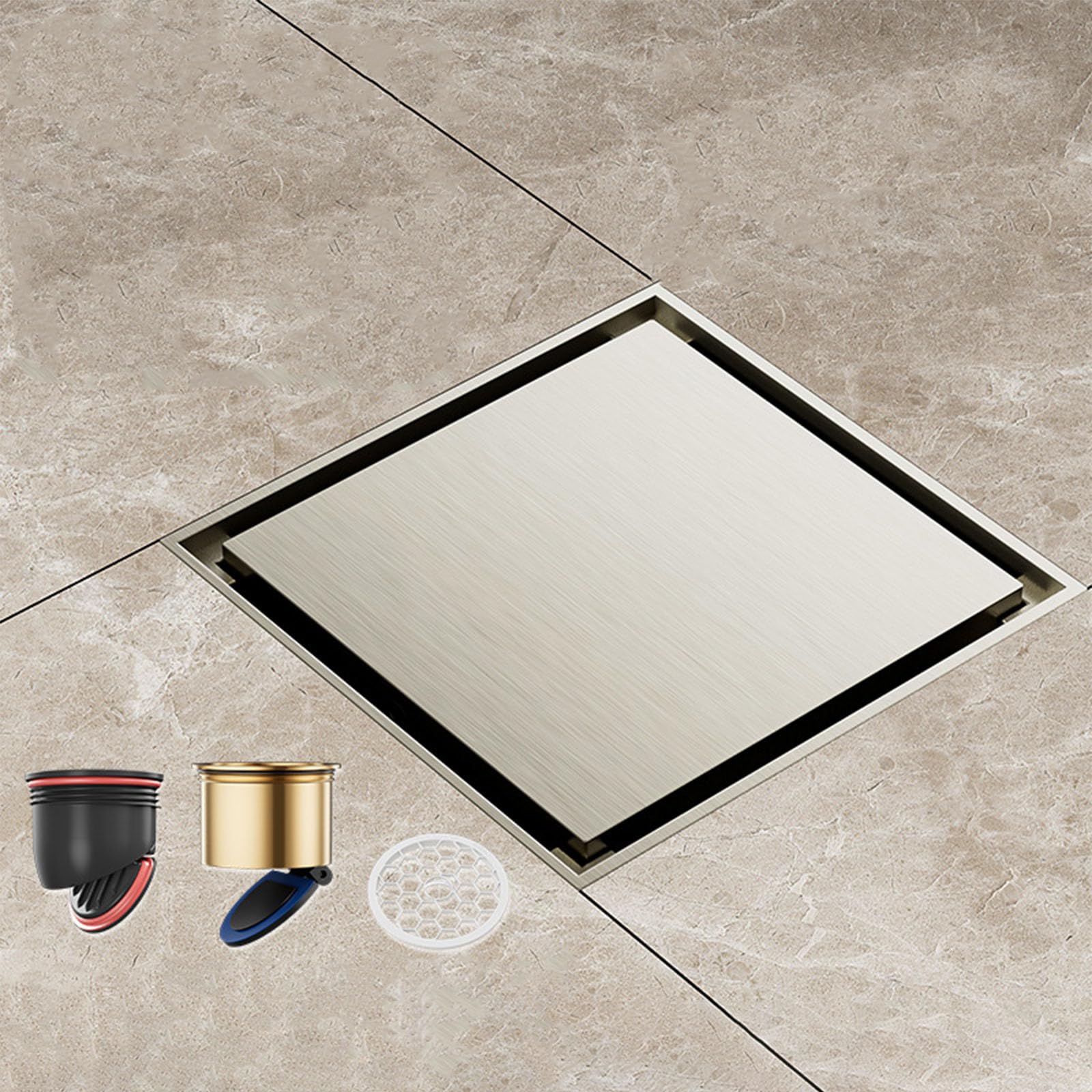 Desague Ducha, Sumidero Ducha En Línea De Latón De Gran Capacidad para Baño con Rejilla Extraíble con Filtro De Cabello para Ducha, Balcón, Lavadora,3.93 in x 3.93 in,F