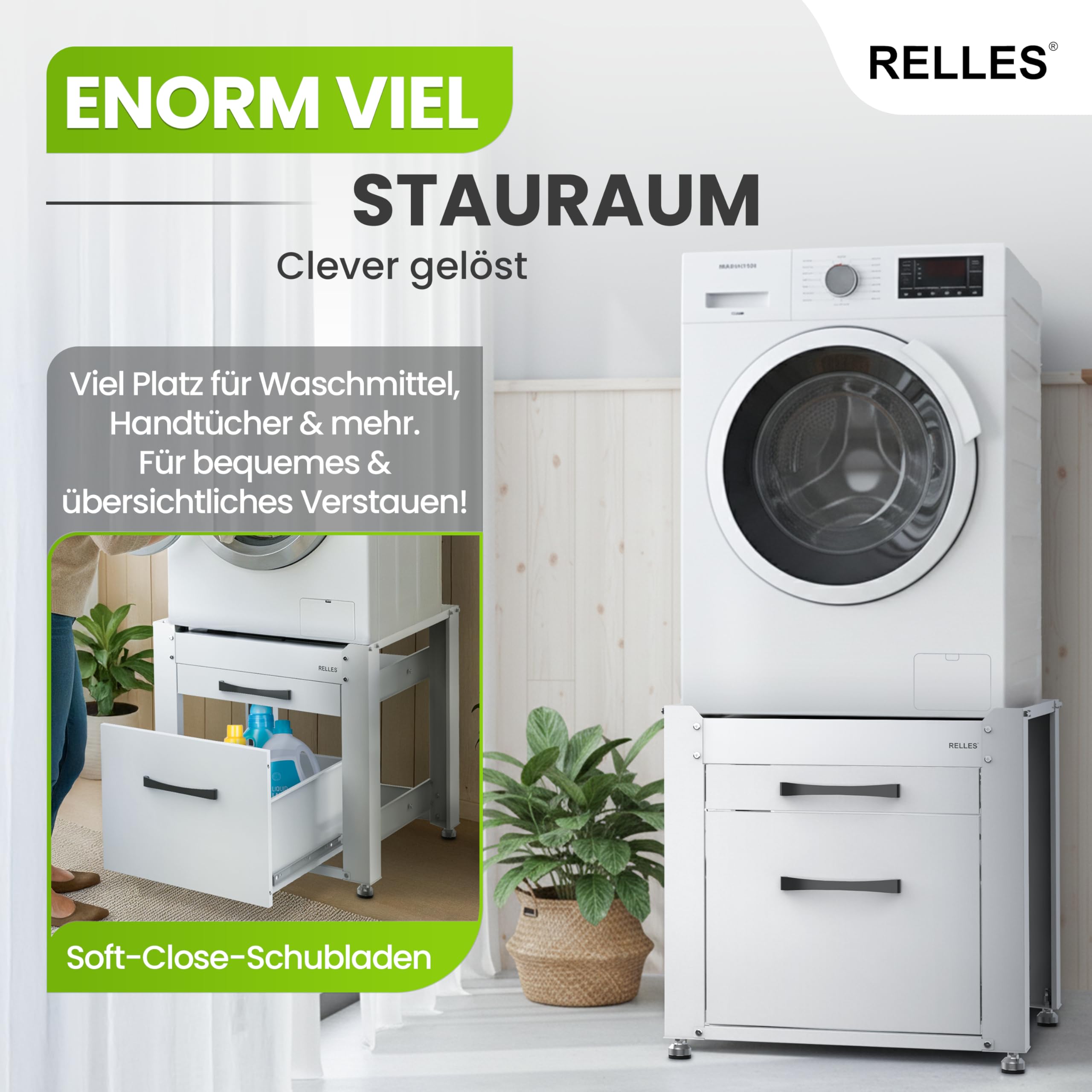 Untergestell mit Schublade und Ablage, 500 kg Tragkraft, Unterbau aus Stahl, 62x62x57,5 cm (LxBxH), Podest für Waschmaschine und Trockner, Unter Schrank Erhöhung, Höhenverstellbare Füße