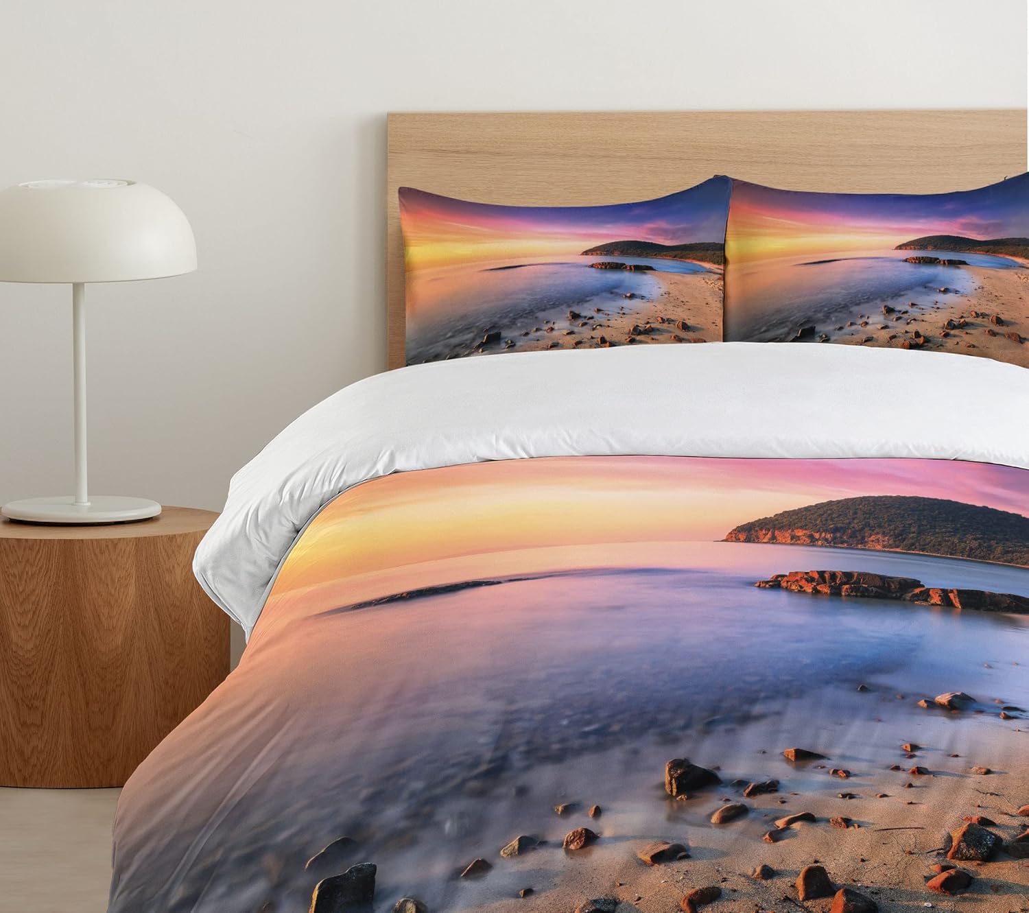 Ambesonne Beach Duvet Cover Set, Famous Mediterranean Sun Rise on The Coast Pebbles Tourism Serene View Print, Decorative 3 Piece Bedding Set with 2 Pillow Shams, King Size, Orange Violet King Orange Violet