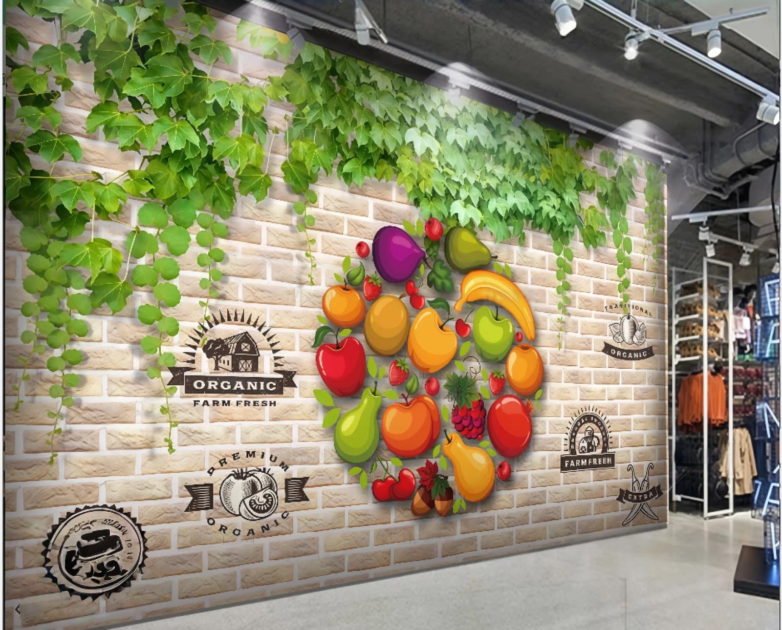 XDOUBAO Wallpaper Fashion Brick Wall Green Vine Fresh Fruit Shop Shopping Mall Afternoon Tea Western Restaurant Background Wall Wallpaper Coffee Shop Mural,3D,350x245cm
