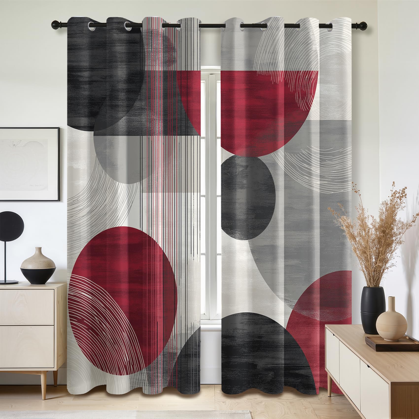 Mistela Black Grey Red Eyelet Curtains - Modern Abstract Blackout Curtains for Living Room Bedroom, Thermal Insulated Soundproof Short Curtain, W66 X D54, 2 Panels Geometric Patterned Curtain