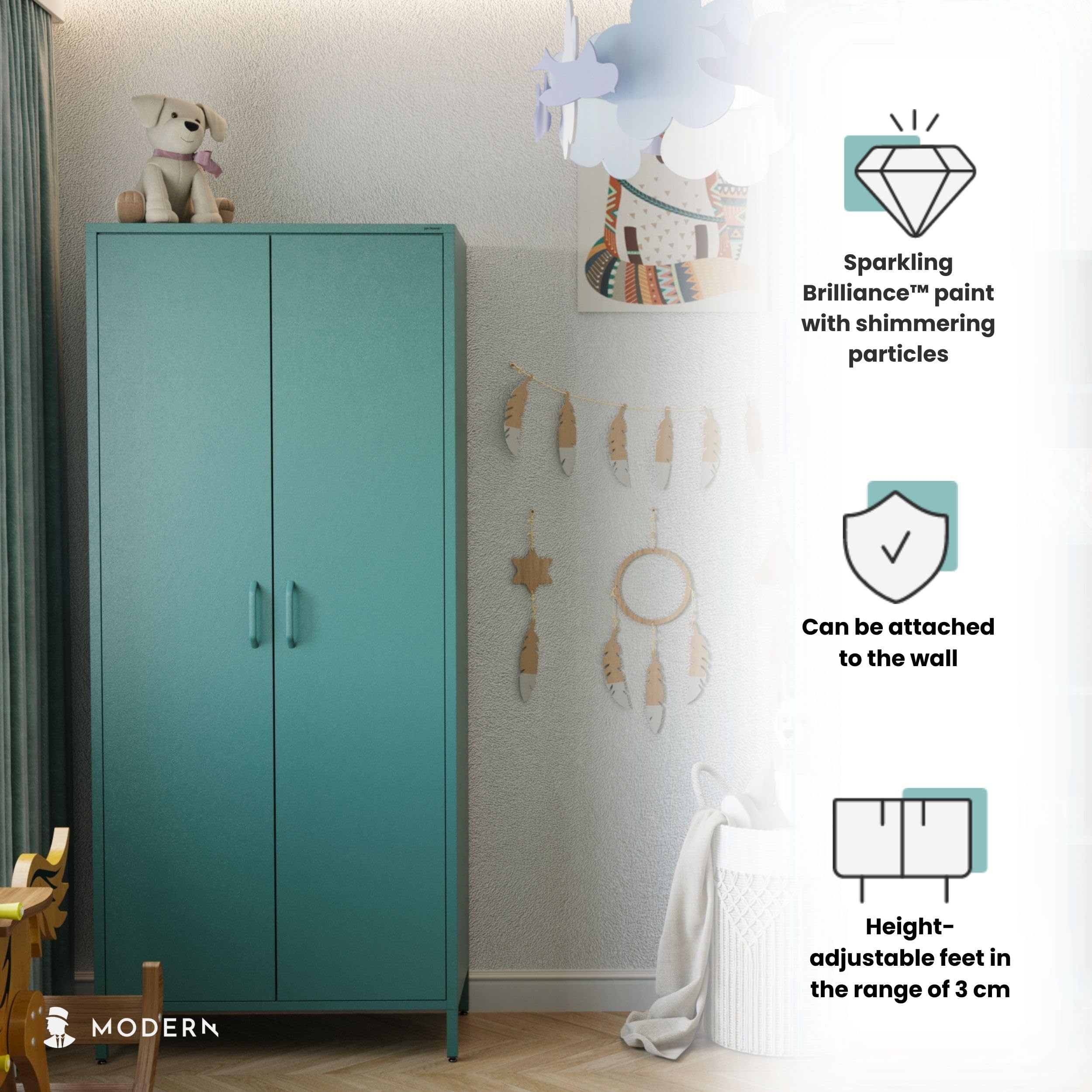 Jan Nowak Kleiderschrank 2 Türig, Metallschrank Glitzernd - Flavio | Ablagen, Kleiderstange, Magnetverschluss | Geräumiger Garderobenschrank Schlafzimmer, Kinderzimmer | 80 x 185 x 45 cm | Marine