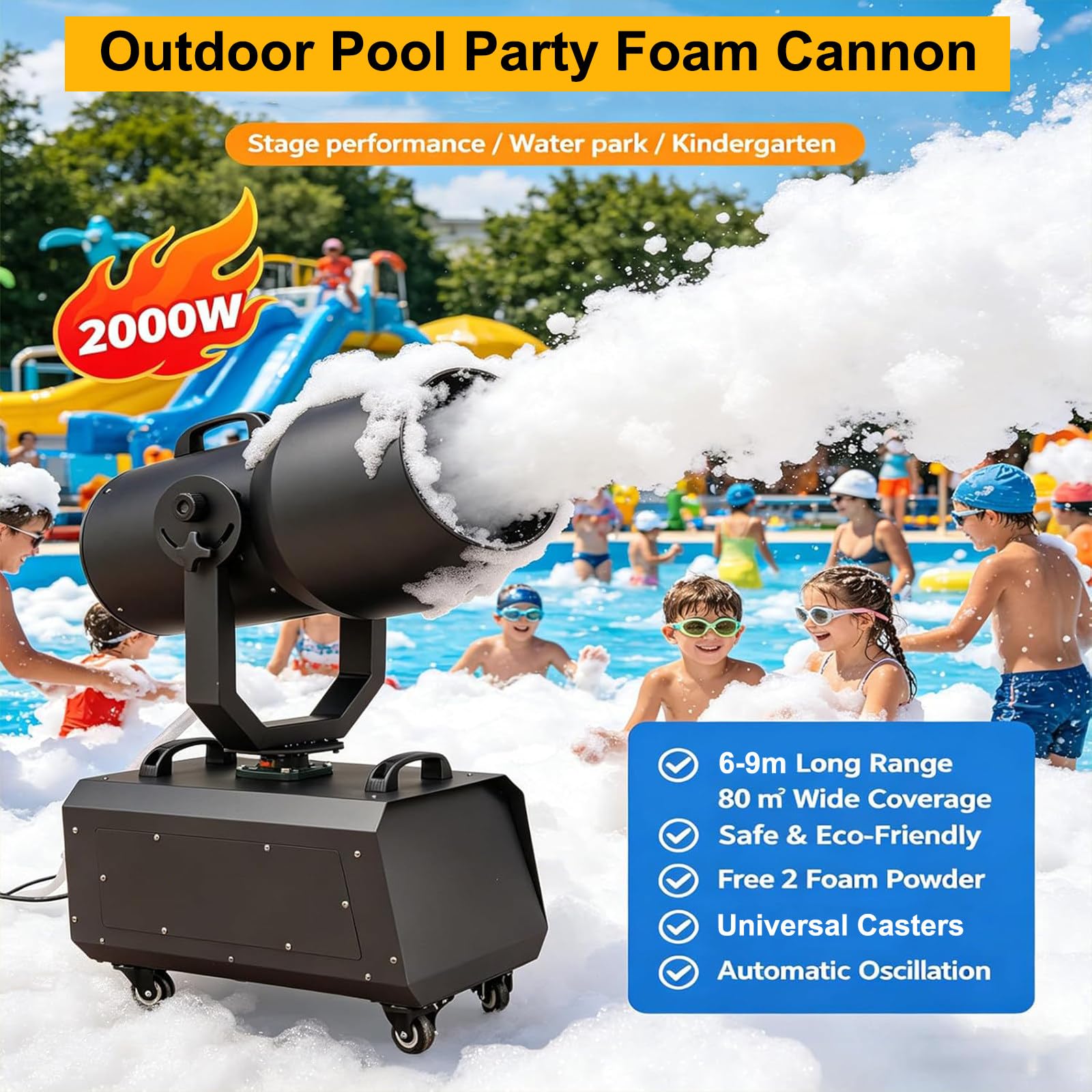 máquina de Espuma Giratoria Automática para Exteriores de 2000W con 2 Bolsas de Polvo para Espuma, Cañón de Espuma Oscilante para Fiestas en La Piscina, Bodas y Eventos en Clube with LED