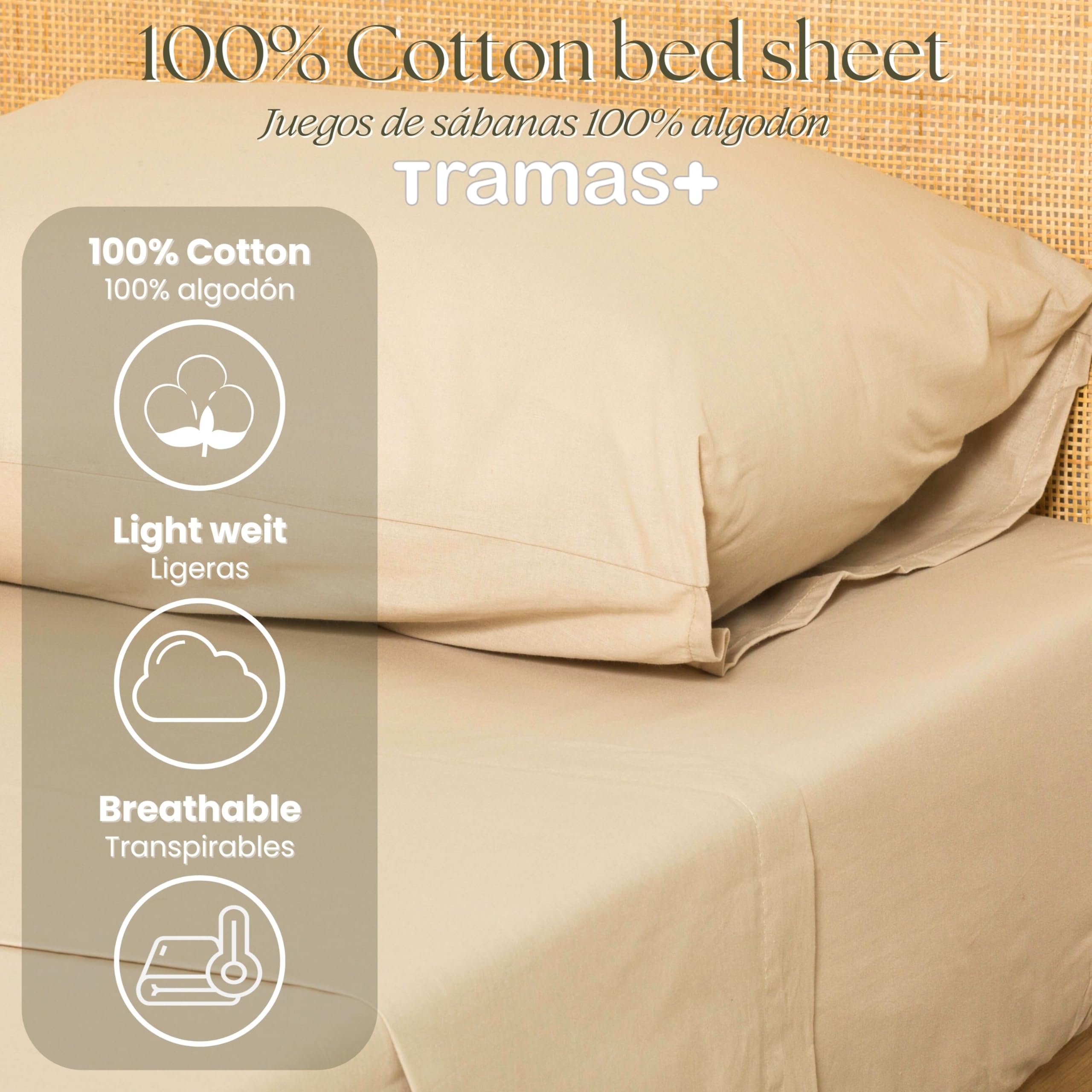 TRAMAS+ Parure de lit 100% Coton pour lit 160x190/200 cm, 4 pièces, Drap-Housse, Drap Plat et 2 taies d'oreiller 90x45 cm, Douce, Respirante et certifiée Oeko-TEX, Sable