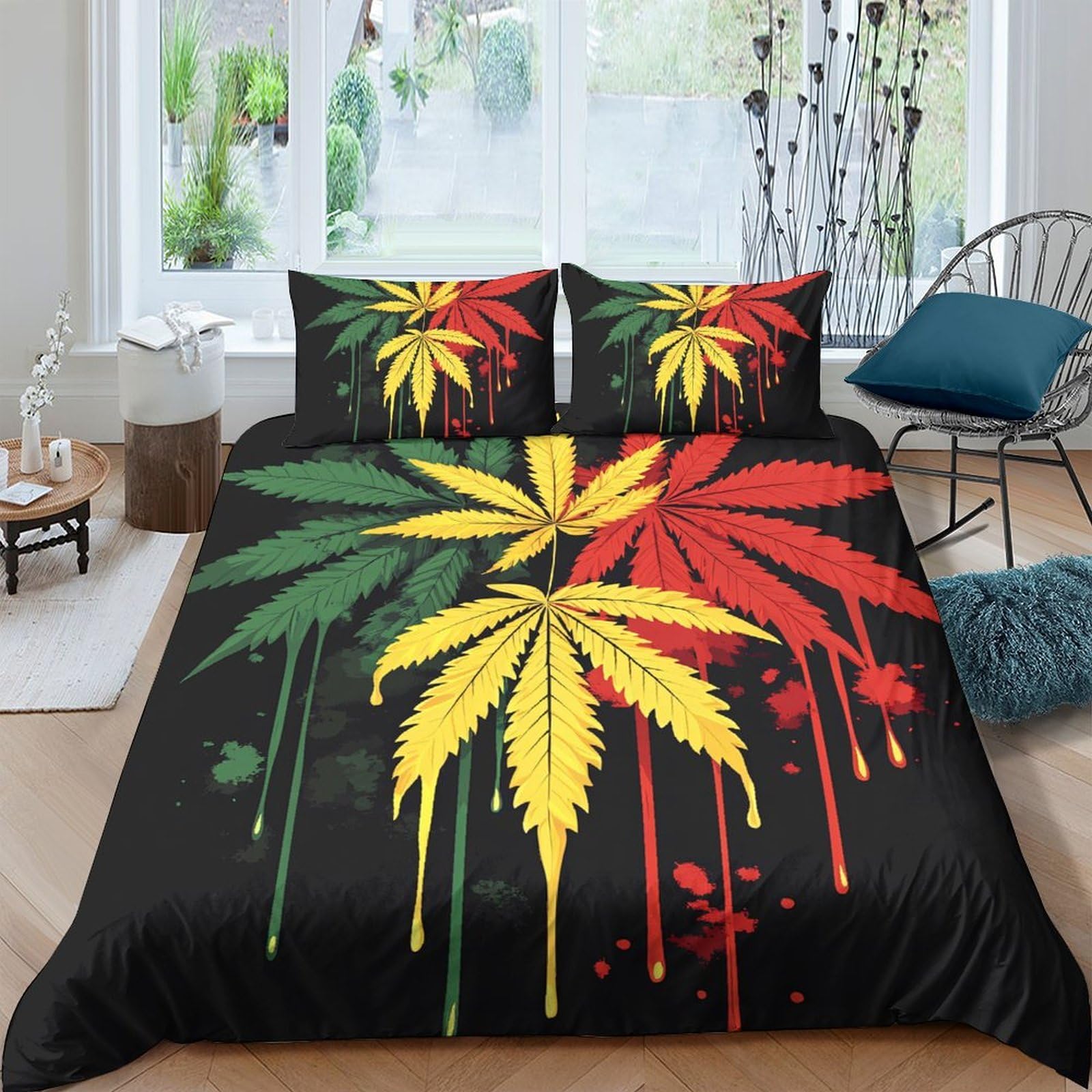 Ctjqhvkz Style-2 3D Printed Rasta Leaf Fitted Sheet Microfiber Soft, Red Yellow Green Reggae Bed Cover For Bedroom Guest Dorm Decor Single（135X200cm）