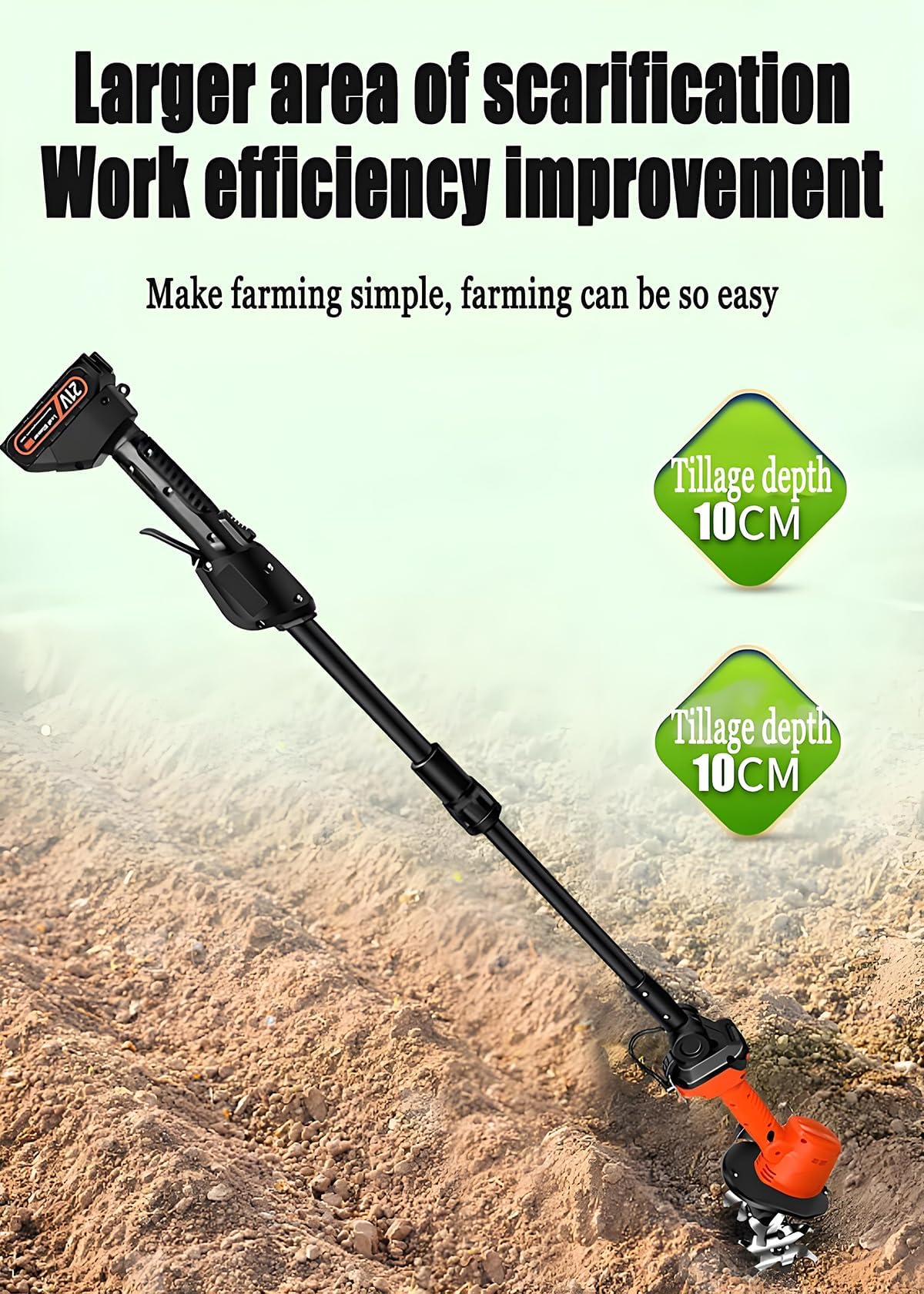 Cultivatore del Tiro da Giardino Elettrico, Rotavatore da Giardino Leggero con Zappa di Scavo Elettrico E Polo Telescopico, Due Batterie, Larghezza di Lavoro 10 Cm, Rototiller per Giardinaggio