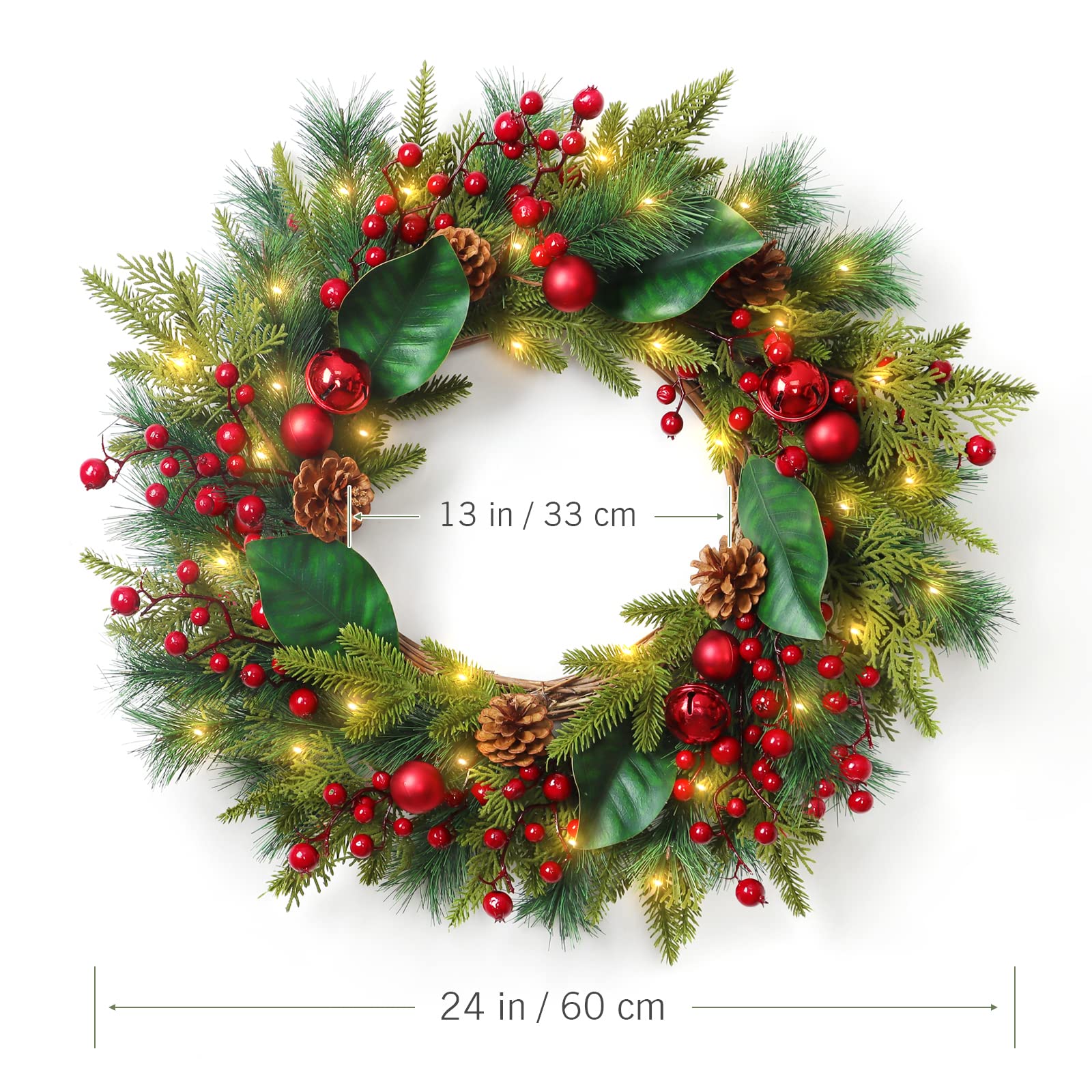 Dremisland 24 Inch 50 Lights Pre-lit Artificial Christmas Wreath Realistic Feel Spruce Clusters, Frosted Branches, Pine Cone Garland with Ball Ornaments Bell Xmas Wreath for Indoor Outdoor Home