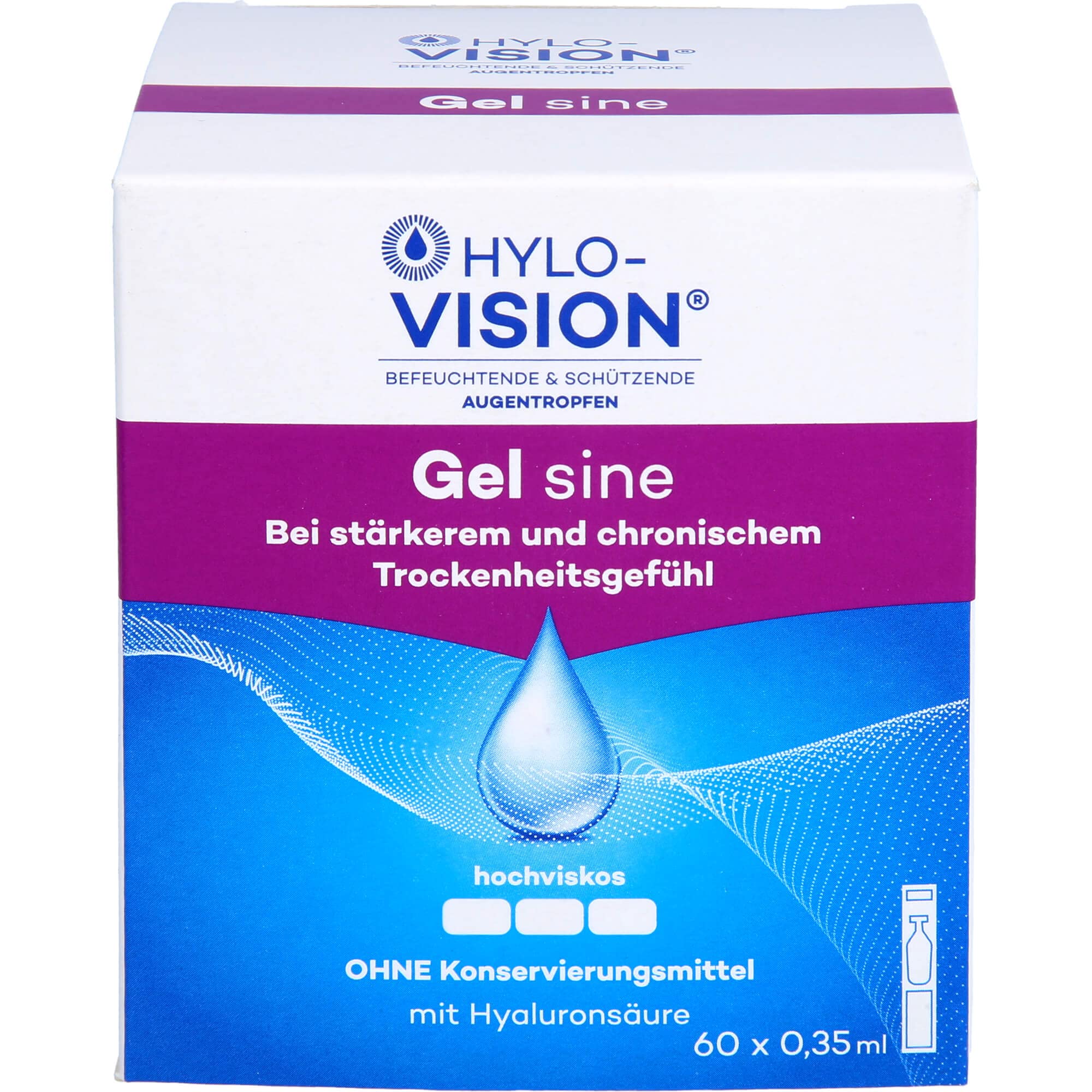 Hylo-Vision Gel sine Augentropfen – Intensive Befeuchtung bei stark & chronisch trockenen Augen, ideal für unterwegs, hochviskos, konservierungsmittelfrei, geeignet bei Kontaktlinsen, 60 x 0,35 ml