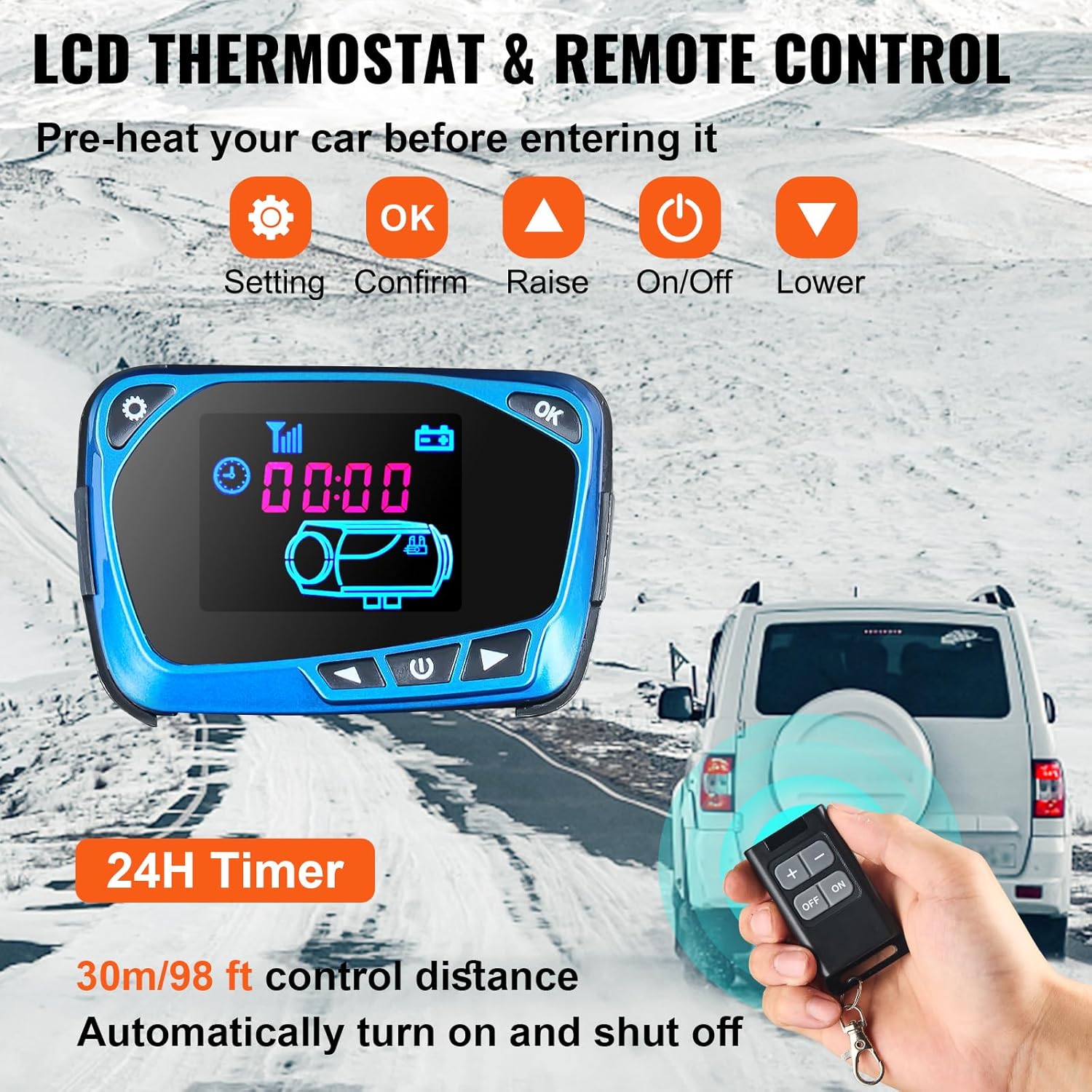 Image showing the LCD thermostat and remote control for the VEVOR diesel heater, highlighting buttons for setting, confirmation, raising/lowering temperature, and power on/off, along with a 24-hour timer function.