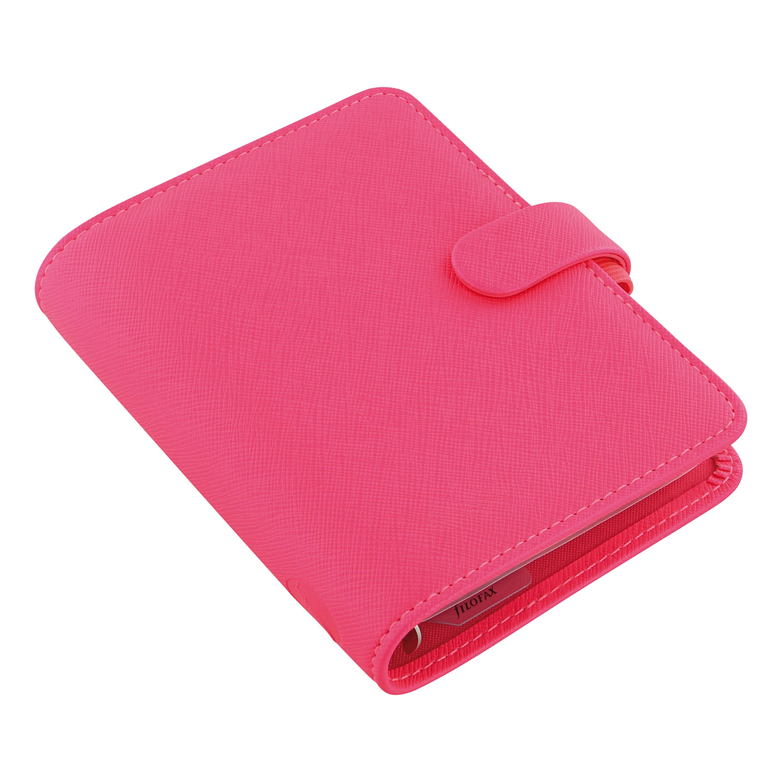 Filofax Saffiano Fluoro Terminplaner, Taschengröße, Fluoro Pink – Cross-Grain, Lederoptik, Sechs Ringe, Wochenkalender, mehrsprachig, 2024 (C028752-24)