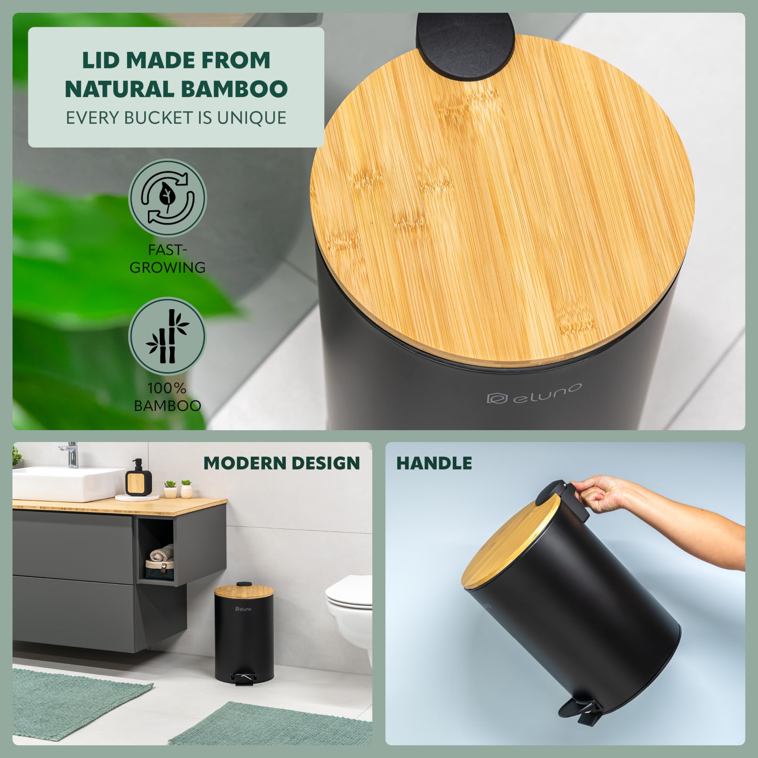 eluno Afvalemmer, pedaalemmer, keukenafvalemmer, 30 liter inhoud, met soft-close bamboedeksel, voor badkamer, keuken, met uitneembare kunststof binnenemmer, van bamboe en metaal (zwart