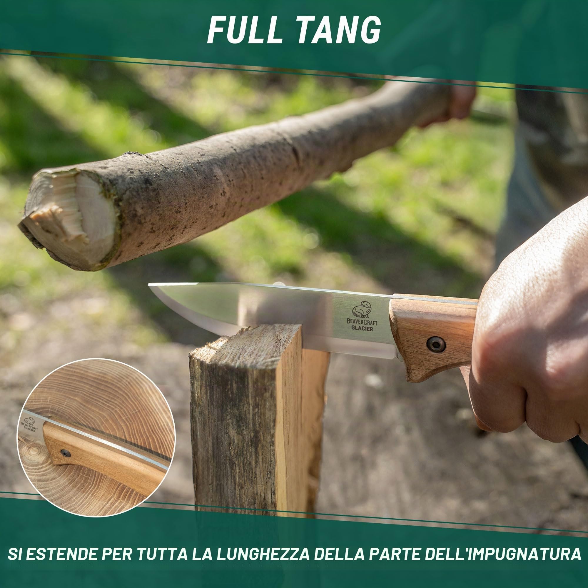 BeaverCraft Coltello da bushcraft Lama in acciaio Coltello a lama fissa con fodero in pelle Coltello da campeggio Coltello da sopravvivenza in acciaio al carbonio a codolo intero | BSH2 Glacier
