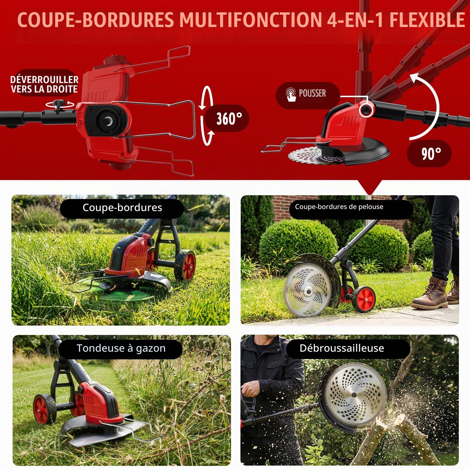 Débroussailleuse à Batterie 12 Pouces avec Roue, 20000 TR/Min, Coupe Bordure sans Fil avec 2 Batterie 3.0Ah, 4 Types De Lames, Moteur sans Balais, Poignée Réglable pour Jardin, Pelouse