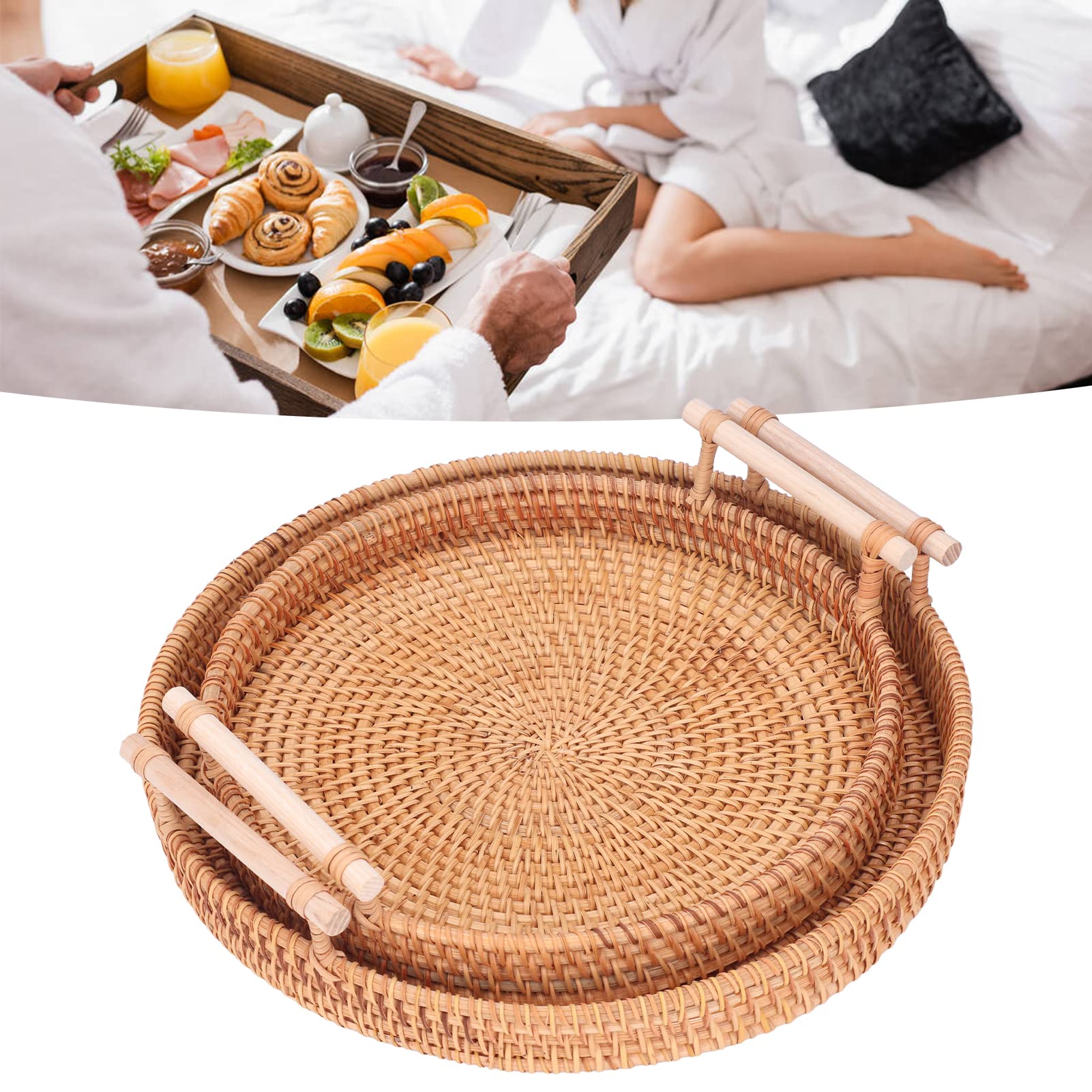 Bandeja de Mimbre Tejida a Mano, Bandeja Redonda para Servir té, Plato de Almacenamiento de Frutas para el hogar y la Cocina, 2 uds.