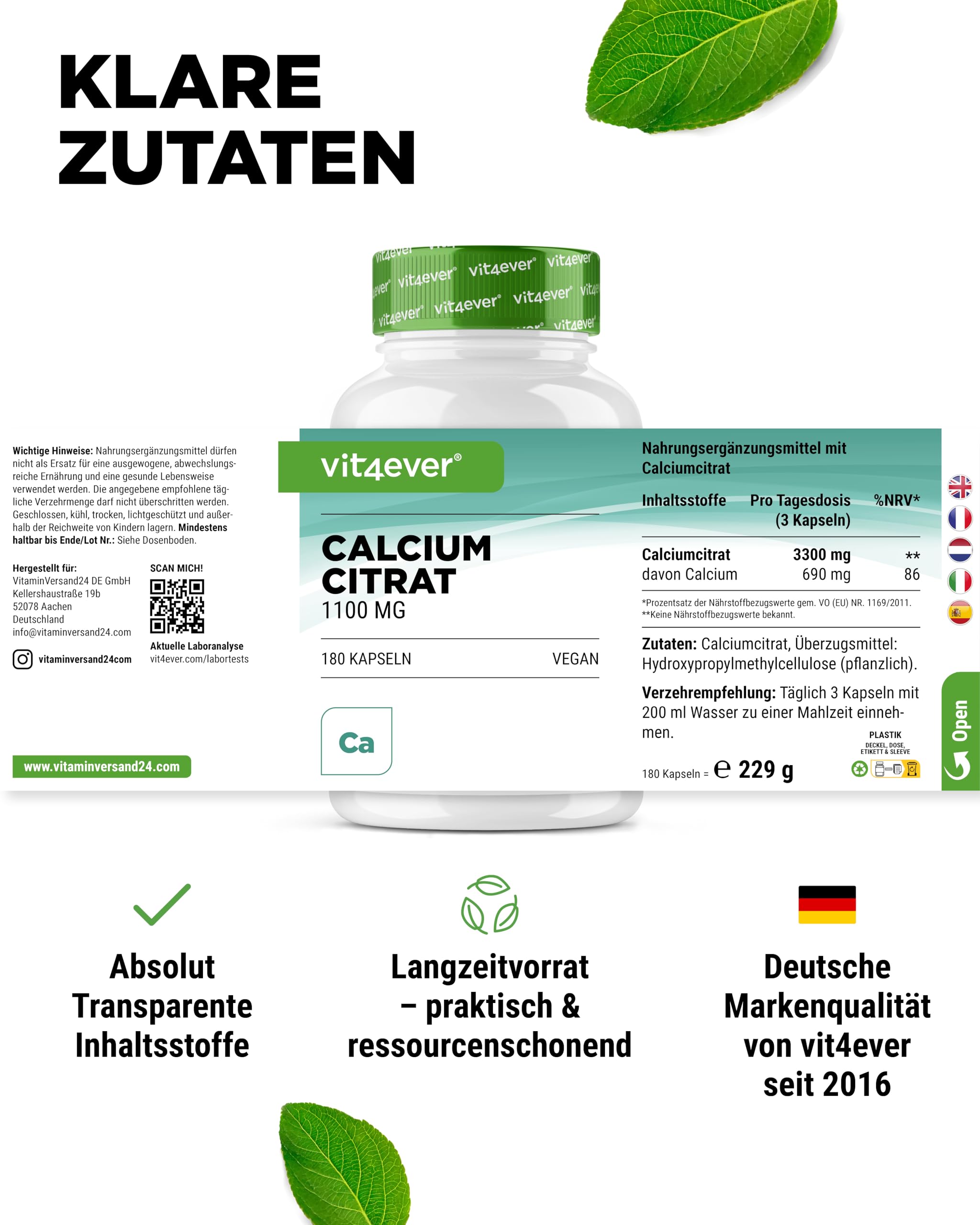 vit4ever Calciumcitrat - 180 Kapseln - hochdosiert mit 1100 mg pro Kapsel | hohe Bioverfügbarkeit, Kalzium für Knochen, Zähne & Energiestoffwechsel, laborgeprüft
