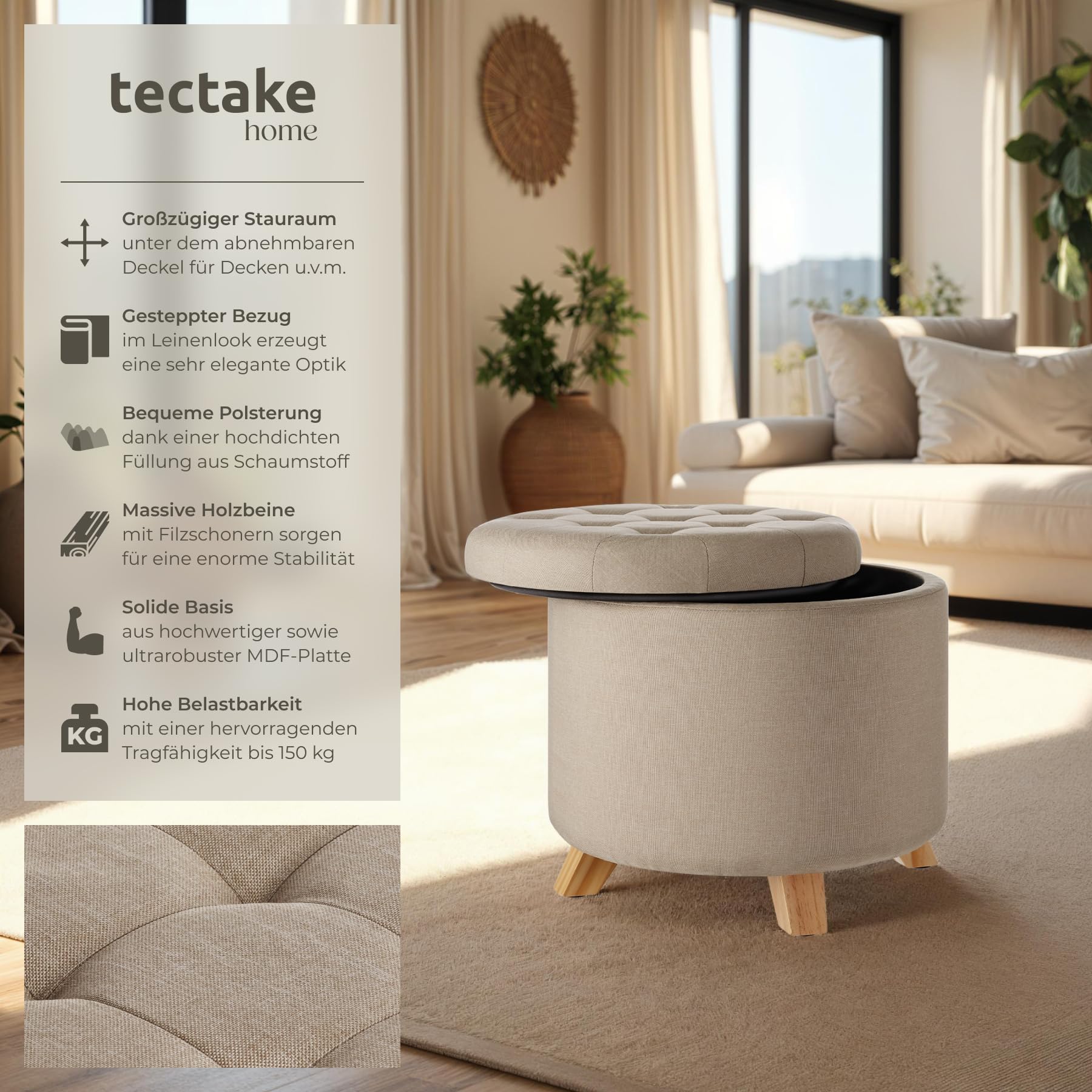 tectake® Hocker mit Stauraum, Sitzhocker mit Stauraum, Aufbewahrungsbox mit Deckel, Fußhocker, Hocker rund, Hocker Holz Beine, als Sitzbank Flur, im Wohnzimmer oder Schlafzimmer - Sand