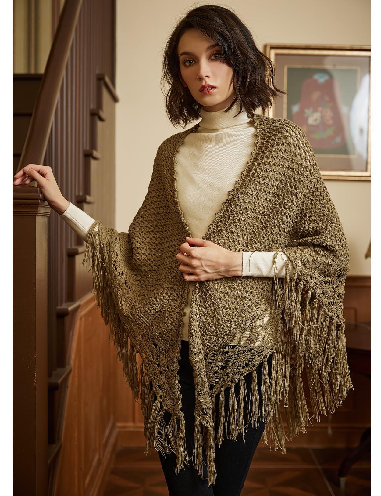 BEAUTELICATE Chal de Ganchillo Mujer Bufanda Punto Triangular Larga Flecos Estolas para Otoño Invierno