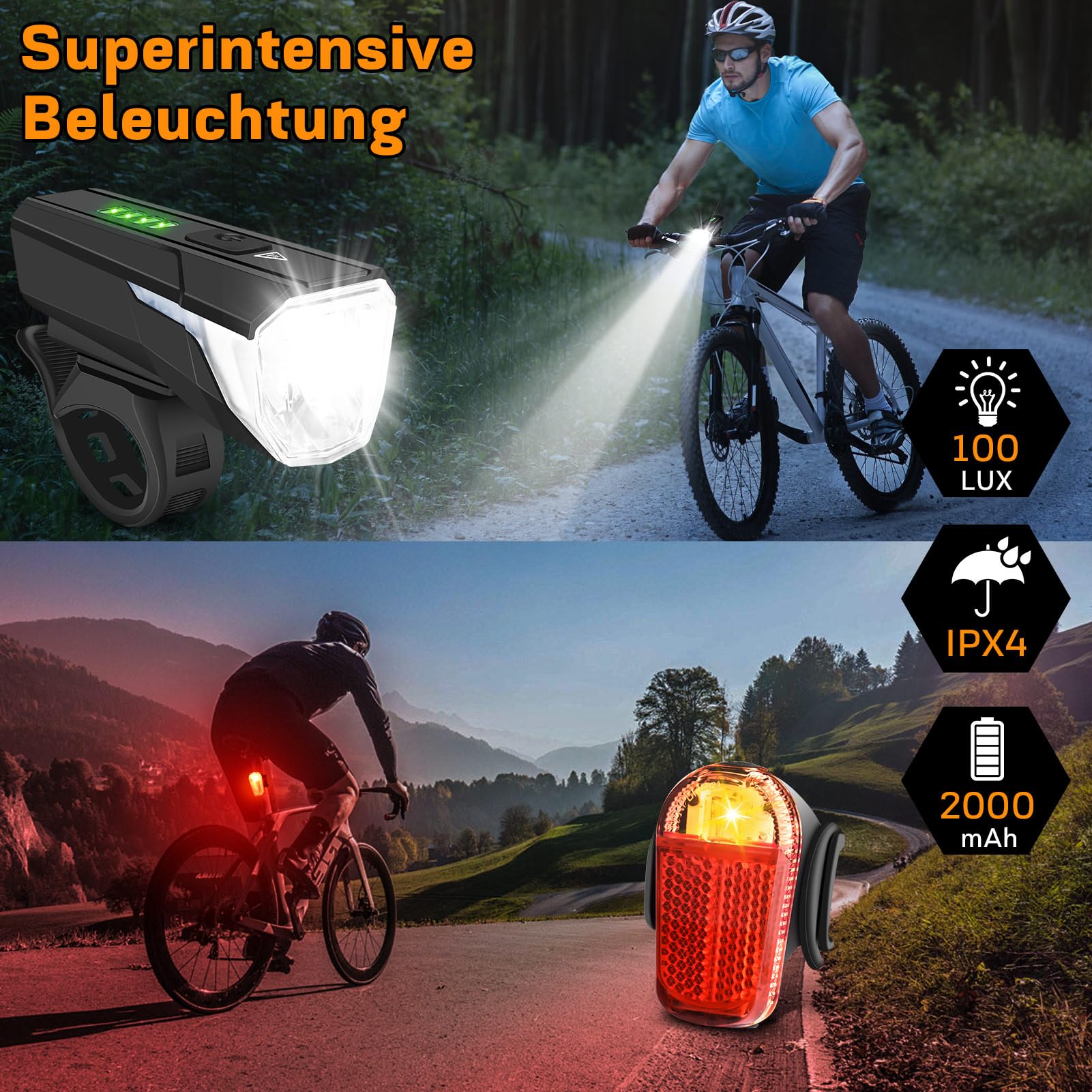 Gindoly Zestaw świateł rowerowych LED, 100 luksów, 2000 mAh, ładowane przez USB, wodoszczelne oświetlenie rowerowe IPX4, dopuszczone do ruchu drogowego (obowiązują przepisy lokalne), dla dzieci i