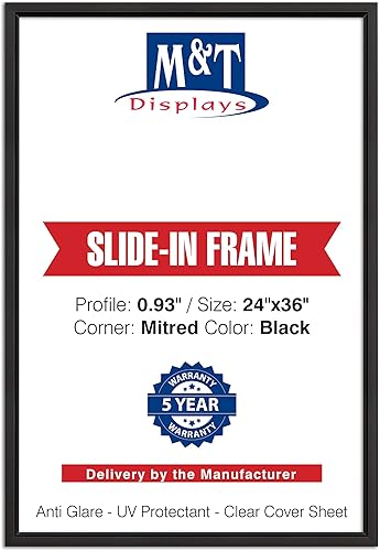 M&T Displays Marco negro deslizante con esquina ingletada de 24 x 36 pulgadas, marco de póster de perfil de aluminio de 0.93 pulgadas, carga